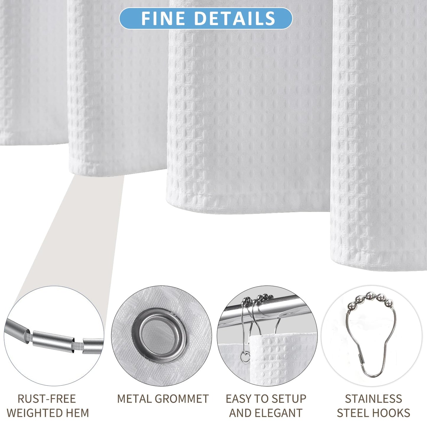 FY&XZH Heavy-Duty Waffle Weave Shower Curtain with Stainless Steel Hooks, Thick Fabric for Bathroom, Hotel, Spa & Salon-153 x 214cm (White)
