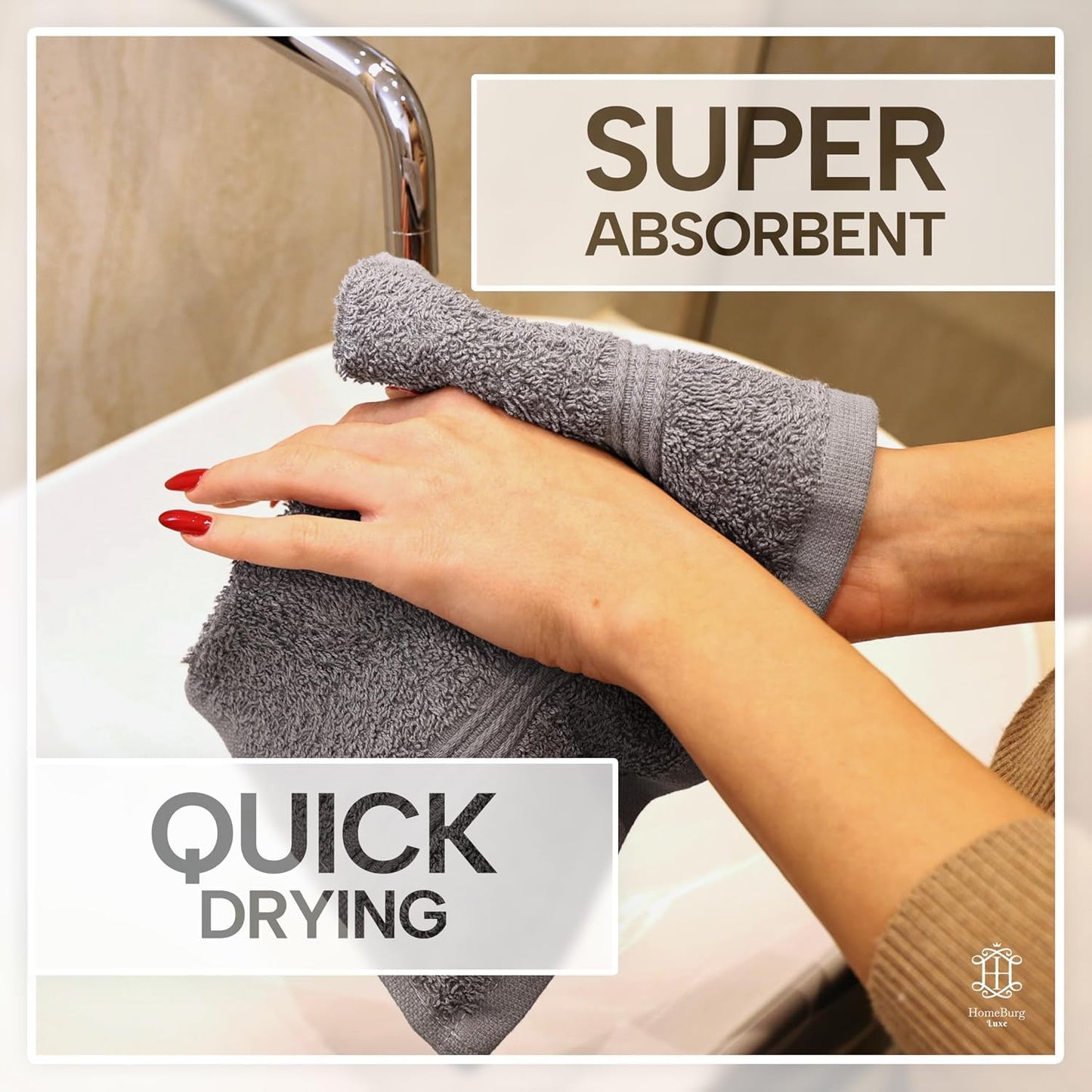 HomeBurg Luxe 12-Piece Washcloth Set - 100% Cotton, Soft & Absorbent, Easy Care, Premium Towels for Face & Daily Use, 30 x 30 cm, Stone Grey