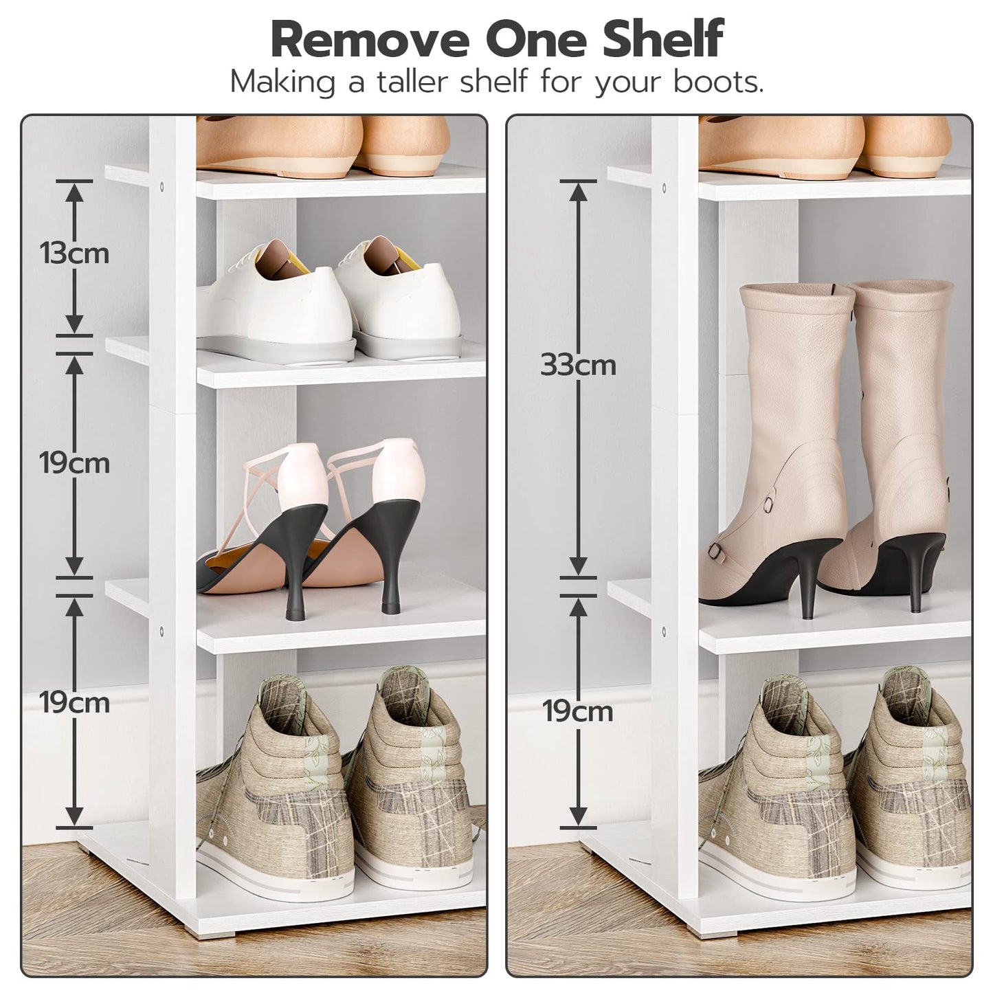 HOOBRO Shoe Rack Wooden, White Shoe Rack, Tall, Narrow Shoe Storage Organizer with 2 Hooks, Slim Shoe Shelf, Vertical Shoe Tower for Entrance, Living