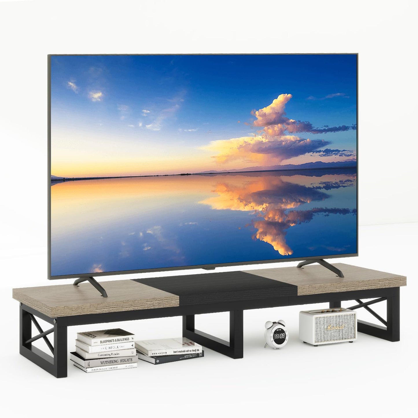 IBUYKE 45" Large TV Riser for 32-60 inch TV,Tabletop Short TV Stand with Storage and Steel Legs,Dual Screen Office Desk,Stand Riser,TV Riser Stand