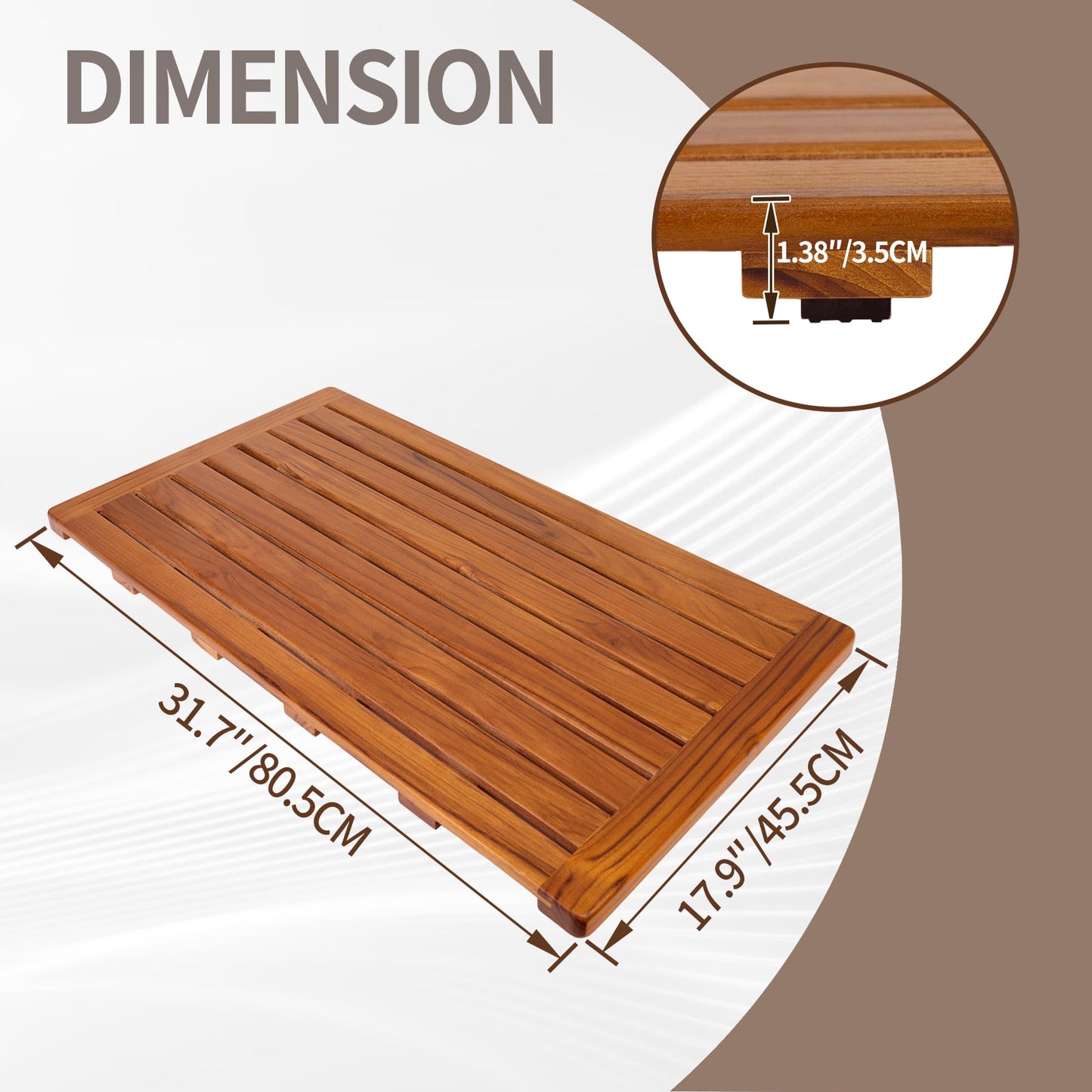 Utoplike Teak Shower Mat, Large Non-Slip Bath Mat for Bathroom(81x45.5 cm)
