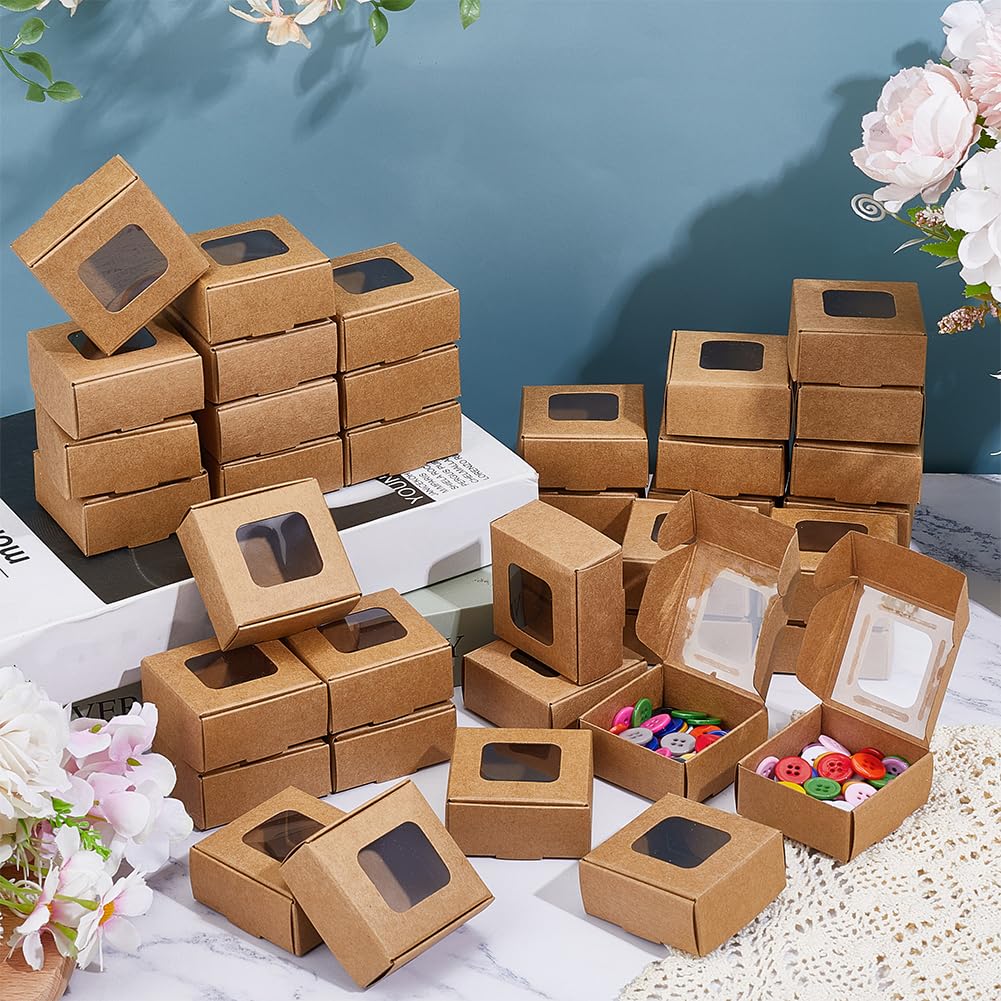 BENECREAT 60 Pack Square Clear Window Box, Brown Kraft Paper Container Party Favor Packaging Boxes