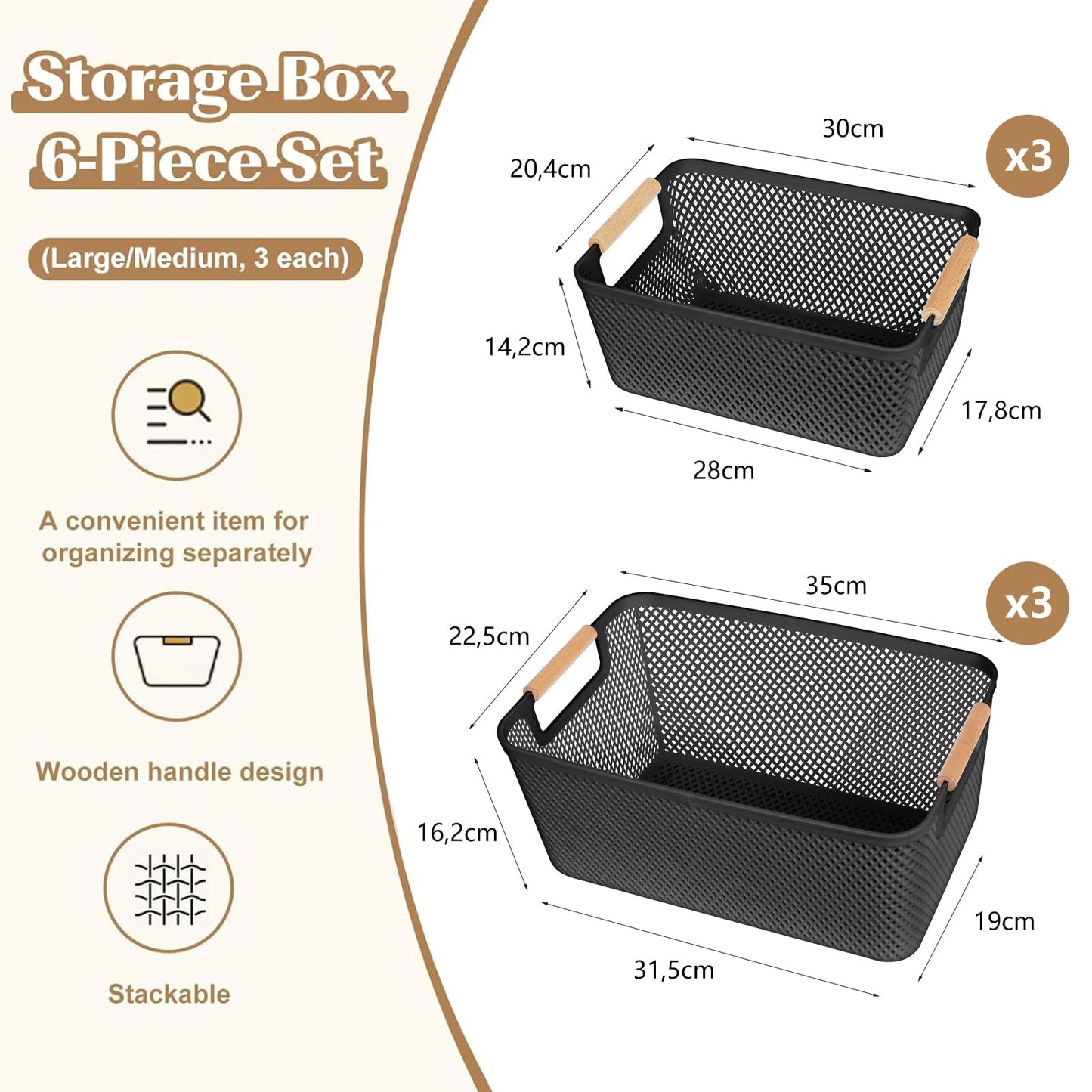 6 Pack Black Plastic Mesh Storage Baskets, Storage Box with Wooden Handles