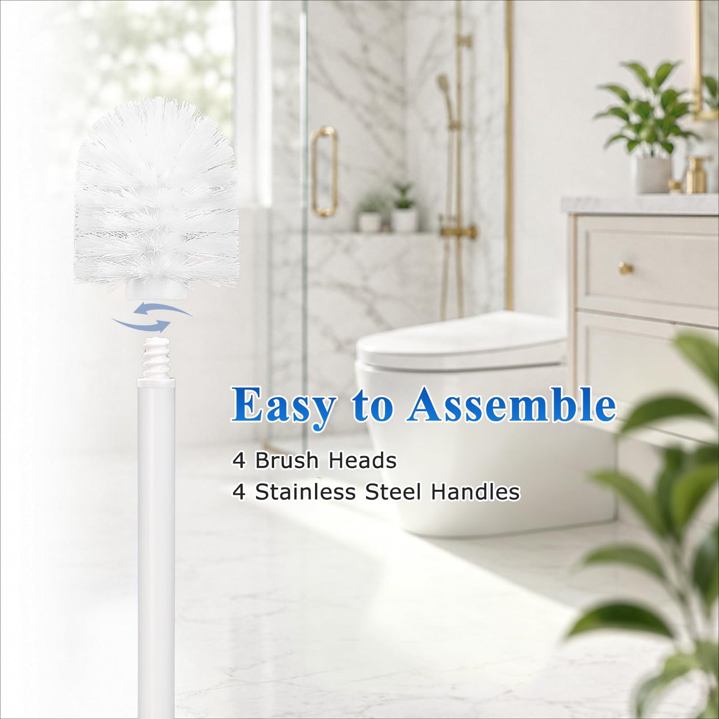 Toilet Brush, 4PCS Toilet Brushes with Stainless Steel Handle, Standing Stainless Steel Toilet Brushes for Bathroom Toilet-Ergonomic, Elegant,Durable