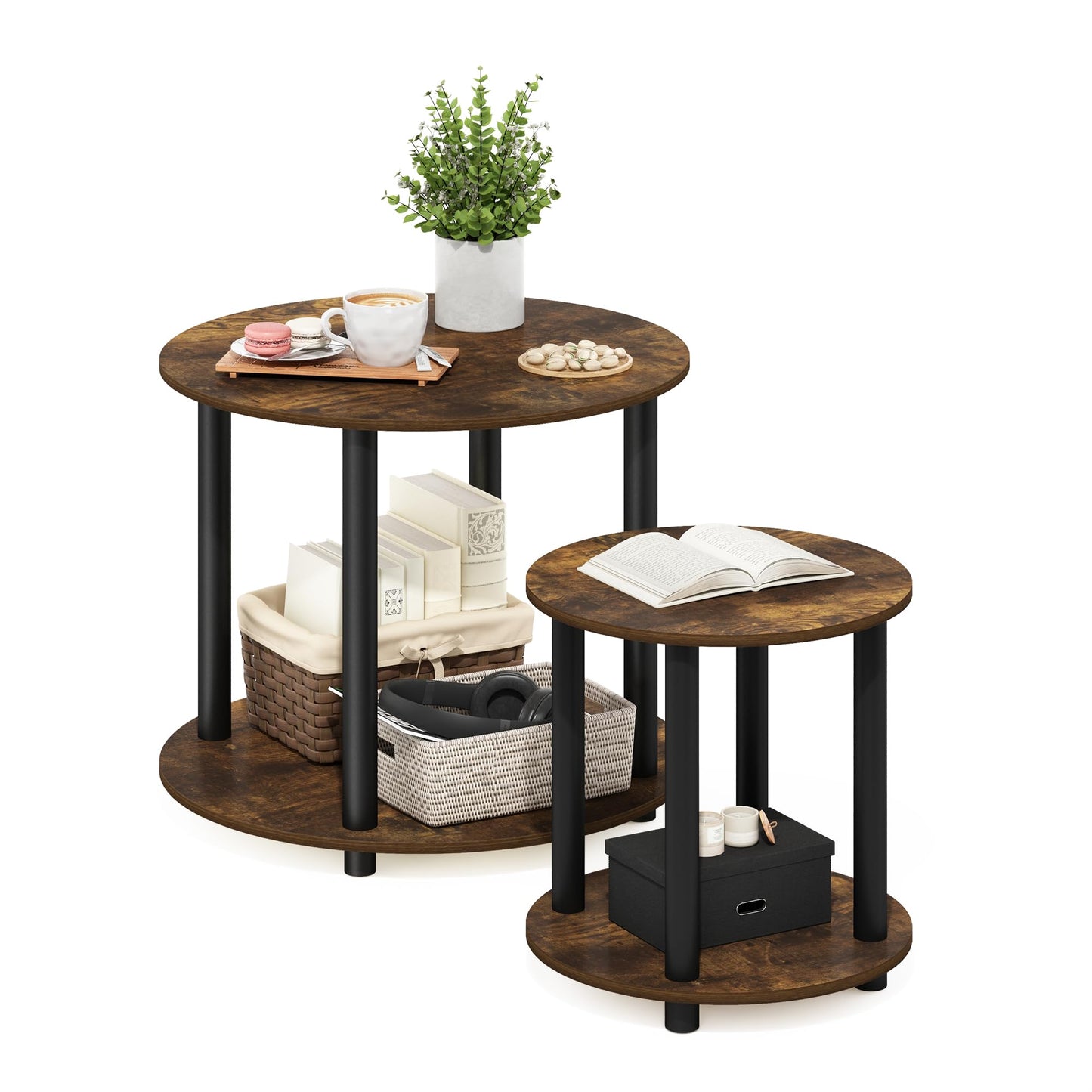 Furinno TURN-N-TUBE Side Table, 2-Tier Small Round End Table with Open Shelf, Toolless Assembly Night Stand, Bedside Table, for Living Room, Bedroom
