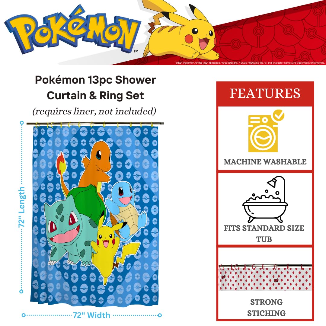Franco Pokemon Anime 13 Piece Shower Curtain and Ring Set, (100% Officially Licensed Product)