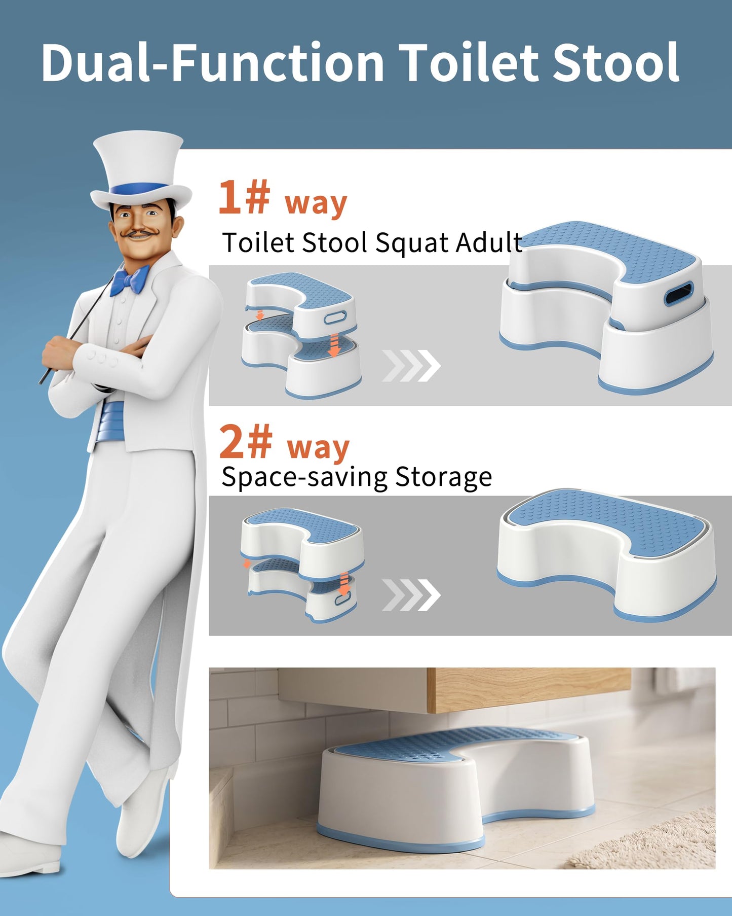 MR.SIGA Toilet Stool Squat Adult Bathroom Foot Stool, White & greyish Blue