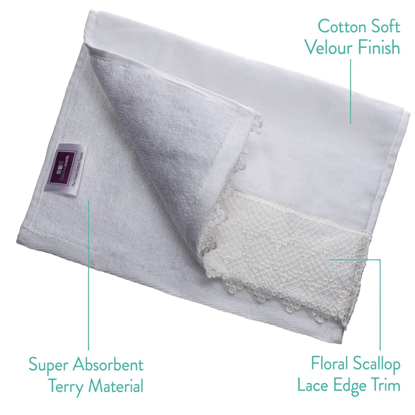Creative Scents Fingertip Towels (11x18 inches)– Towel Set of 4- Extra Absorbent 100% Cotton- Soft Velour Finish- Gorgeous Lace Trim- Machine