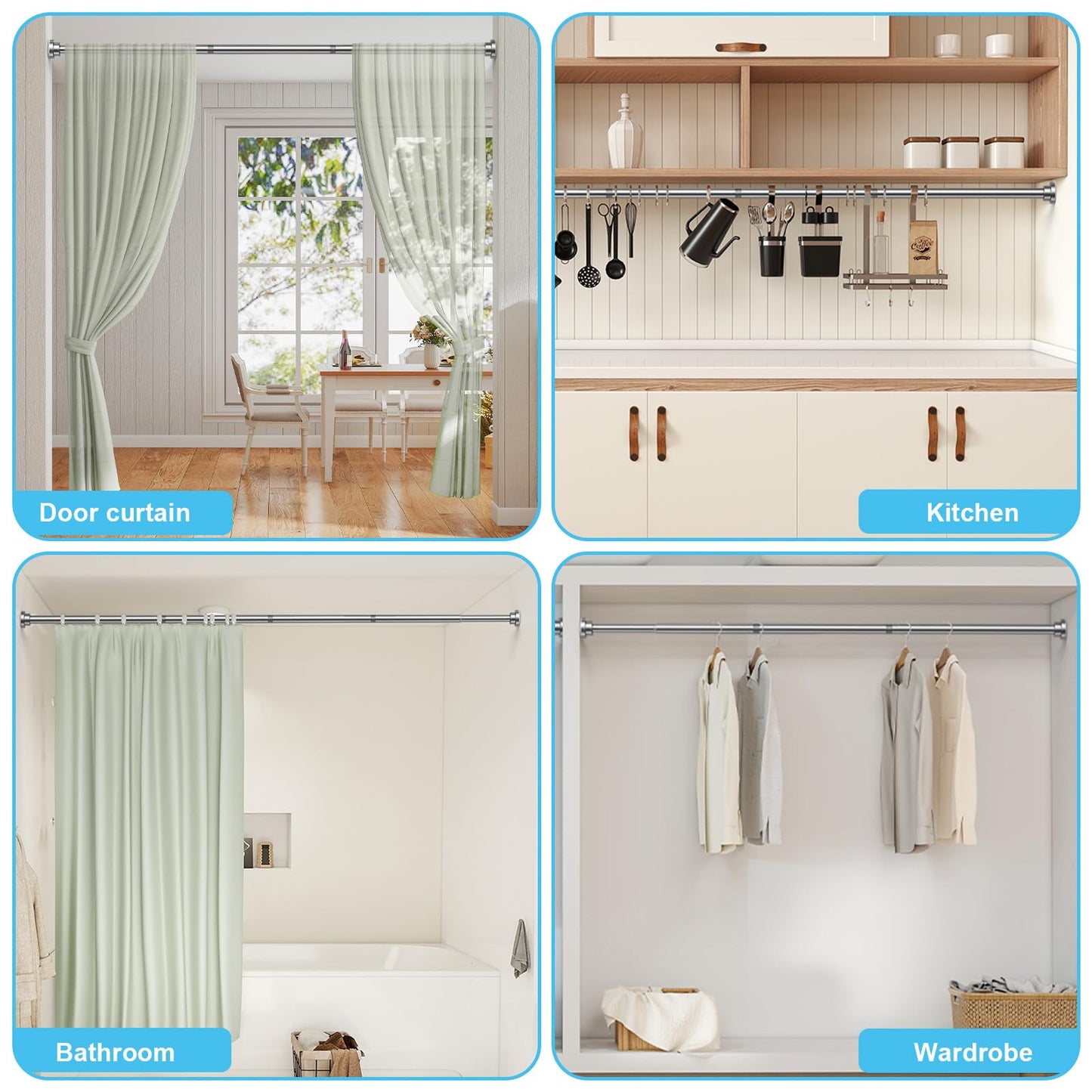 Shower Curtain Pole,Extendable Curtain Poles 79-195Cm,Shower Poles Extendable No Drill,Shower Curtain Rail Non-Slip,Sliver Shower Pole For