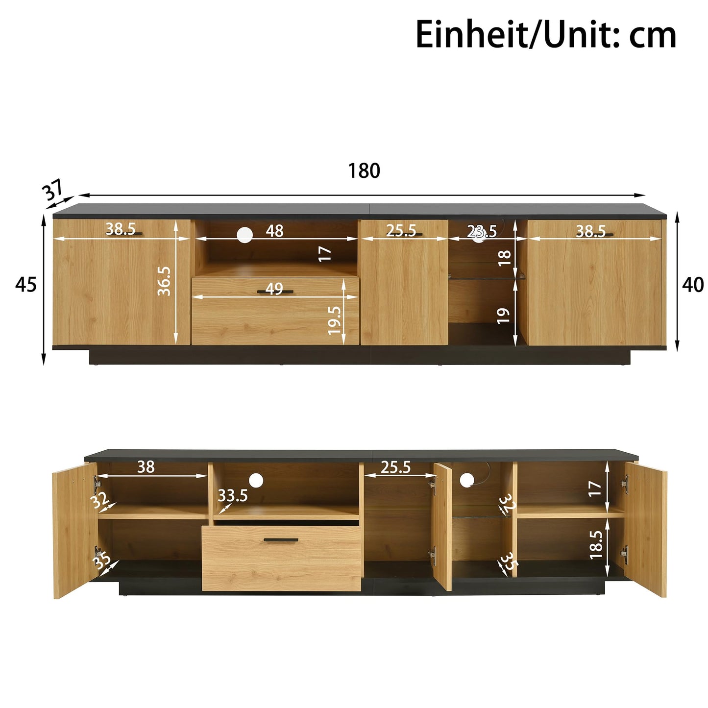 Ball & Cast TV cabinet with one drawer, three doors, two open glass compartments. TV unit