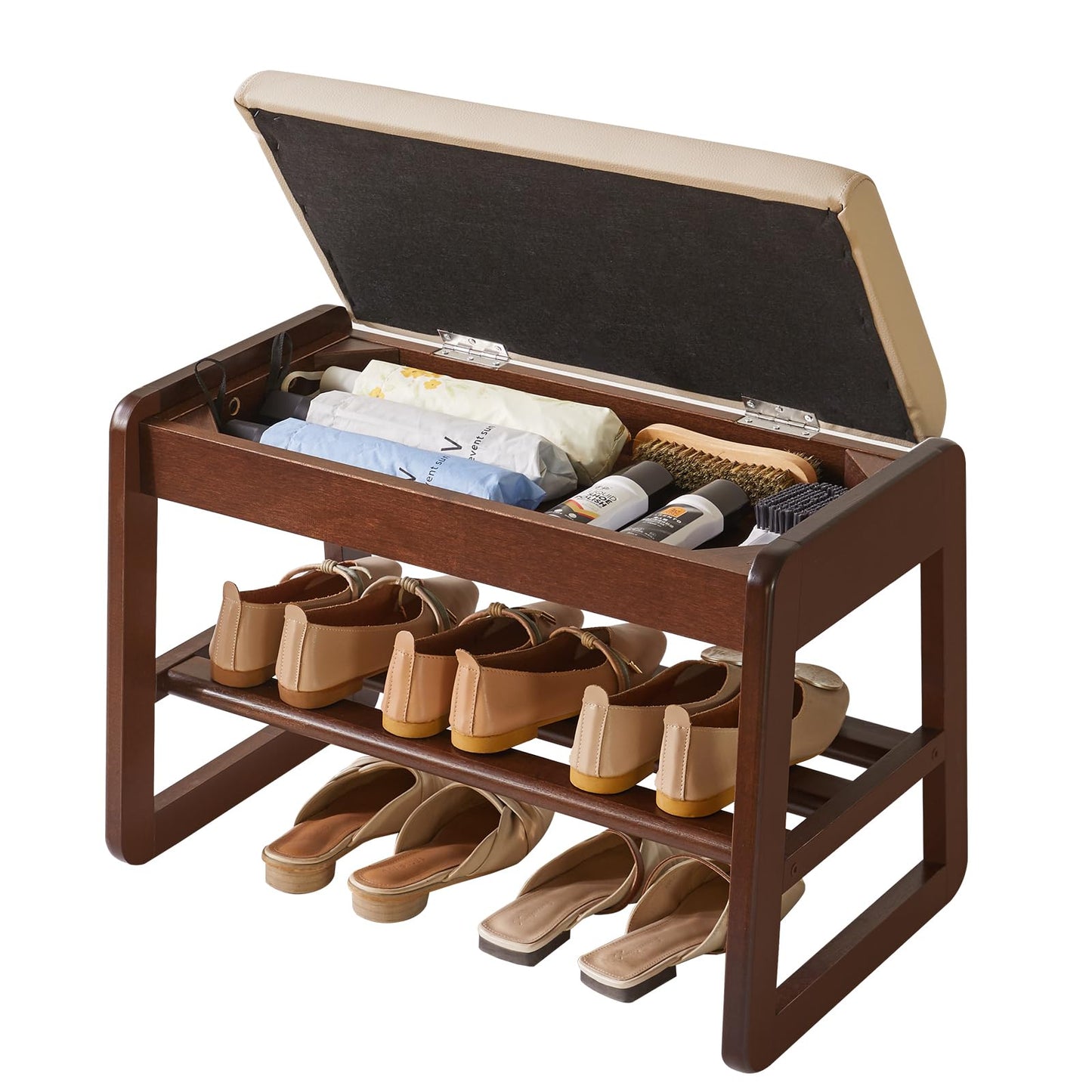 Aibiju Shoe Storage Bench with Cushion, 2 Tiers Solid Wood Shoe Bench with Flip-Top Storage, 23.62in Shoe Rack Bench for Entryway, Living Room