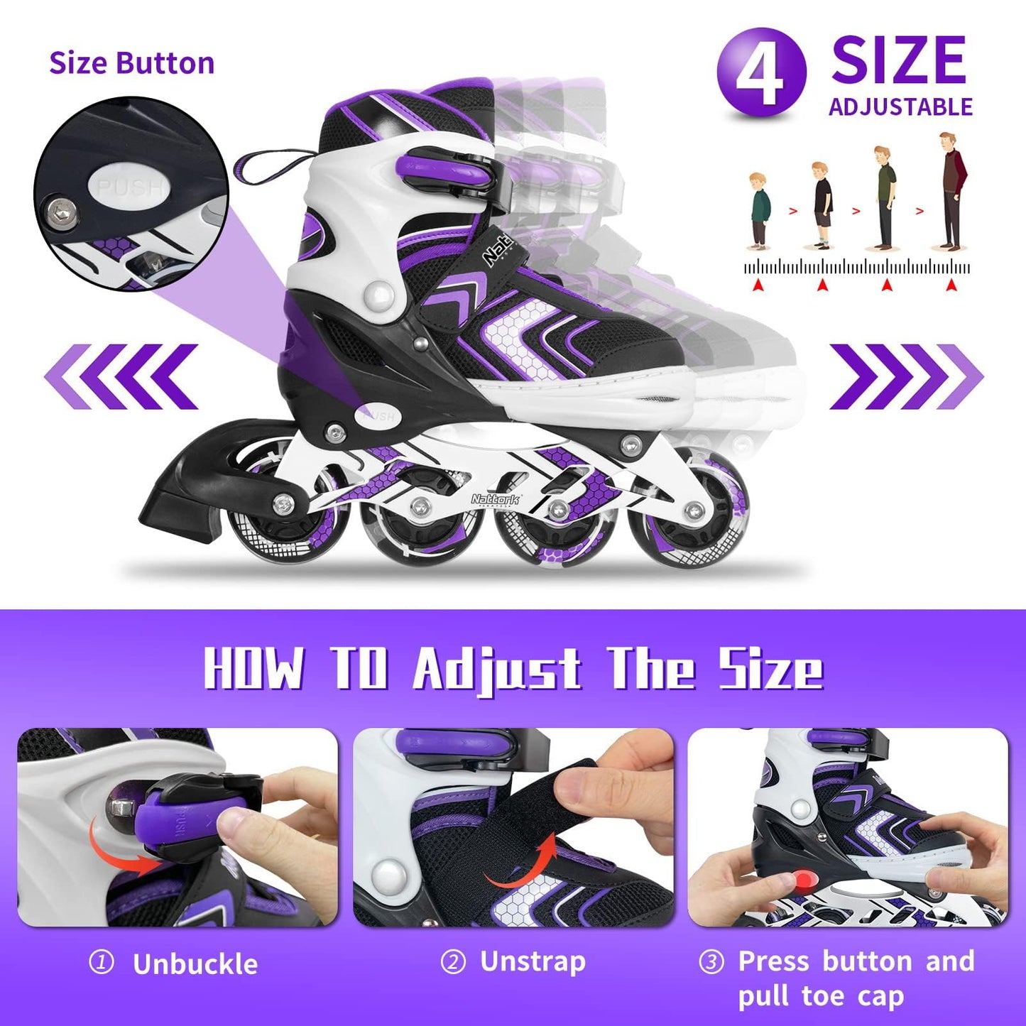 Roller Skates for Girls with Full Light up Wheels, Girls Skates for Kids, Adjustable Beginner Inline Skates for Little Kids, Purple, Size 10J 11J 12J