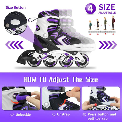 Roller Skates for Girls with Full Light up Wheels, Girls Skates for Kids, Adjustable Beginner Inline Skates for Little Kids, Purple, Size 10J 11J 12J