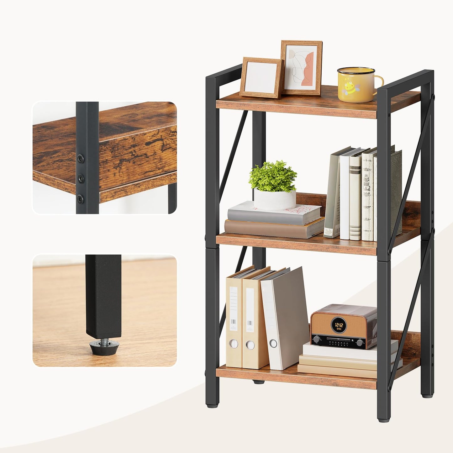 HOOBRO 3-Tier Bookshelf, Industrial Corner Bookcase, Display Rack, Metal Frame, for Living Room, Bedroom, Office, Kitchen, Entryway