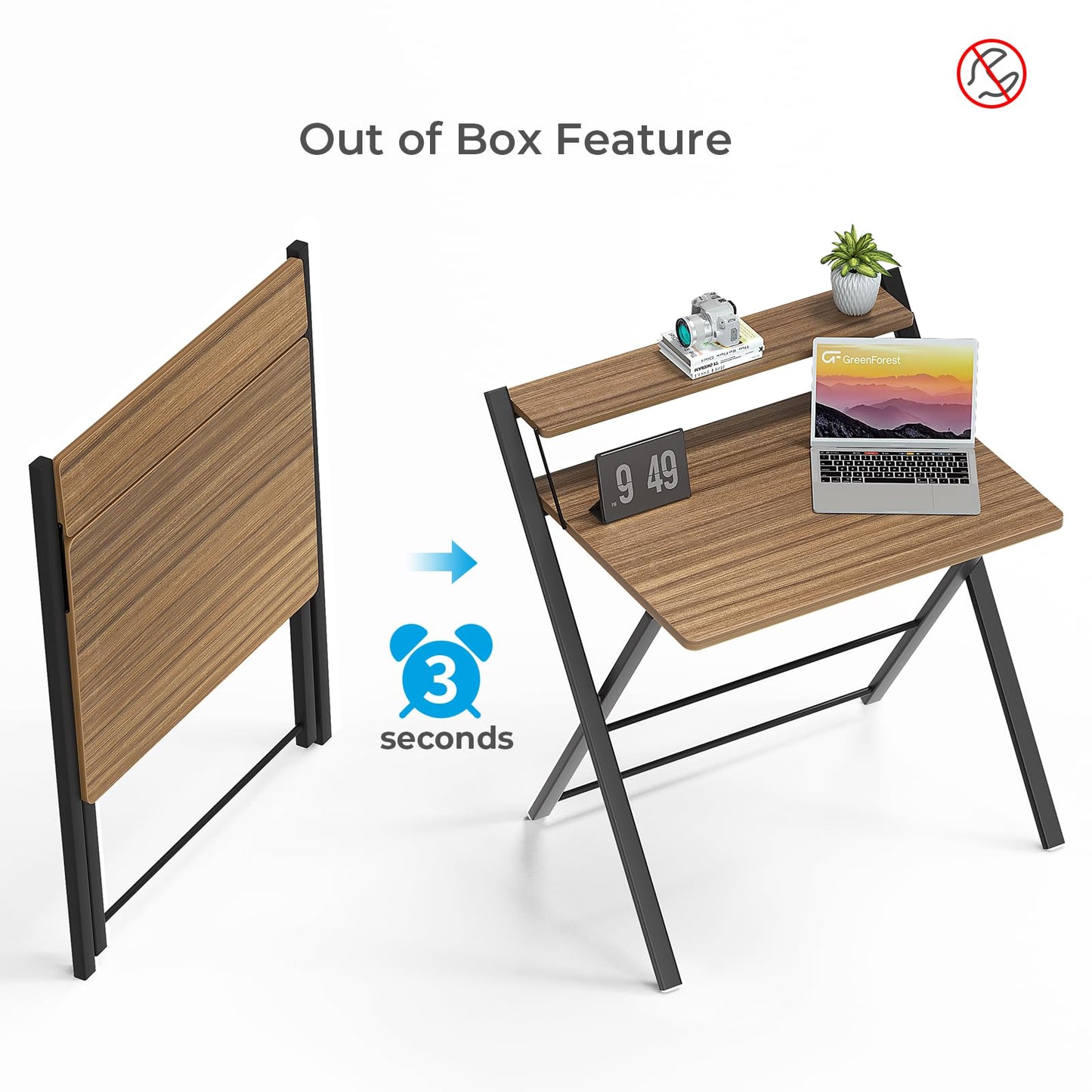 GreenForest No Assembly Required Folding Desk with Monitor Shelf,Espresso