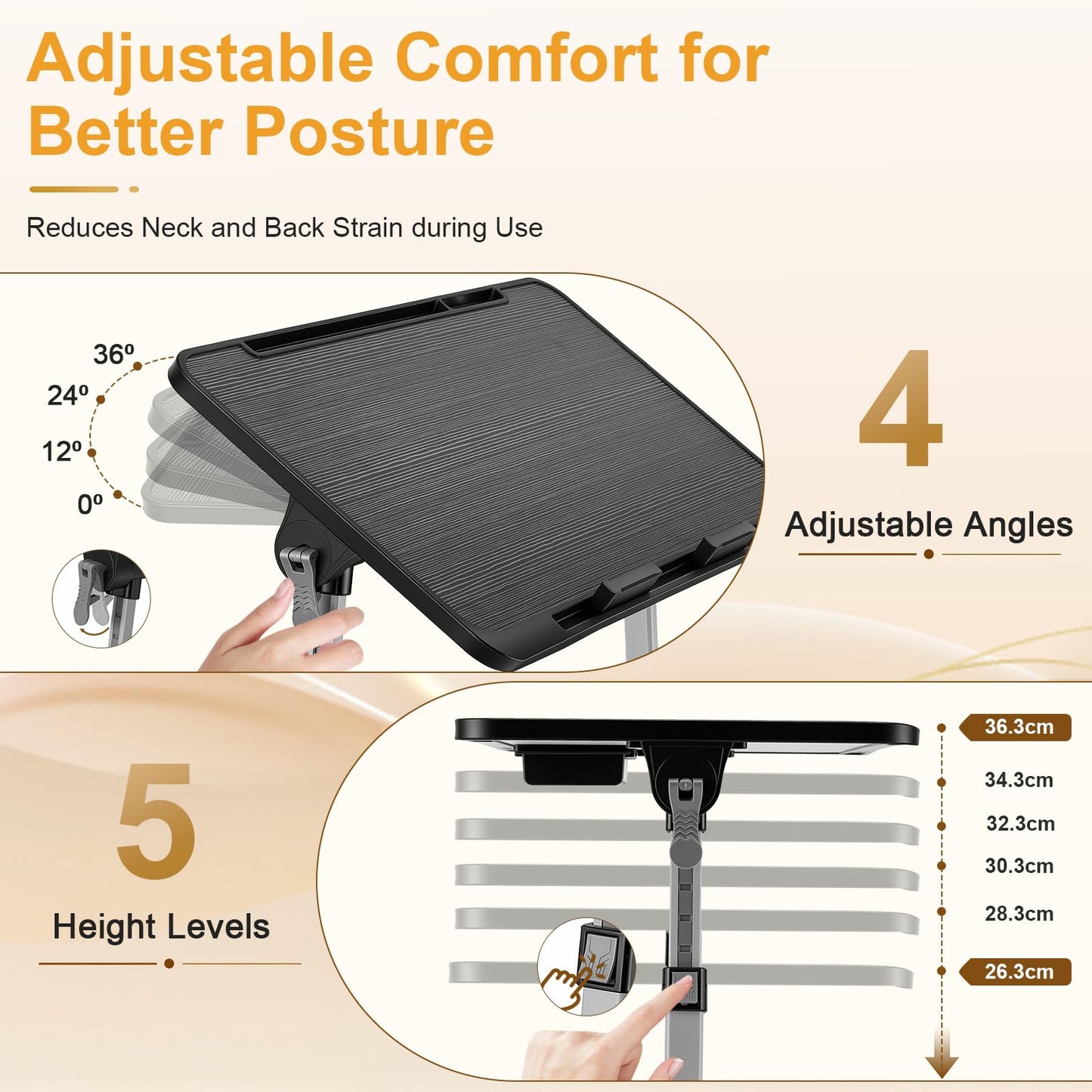 2-in-1 Bed Table & Lap Desk with Adjustable Height & Angle, Foldable Laptop Stand with Book Stand, Drawer & Edge Stopper, Ideal for Bed Desk