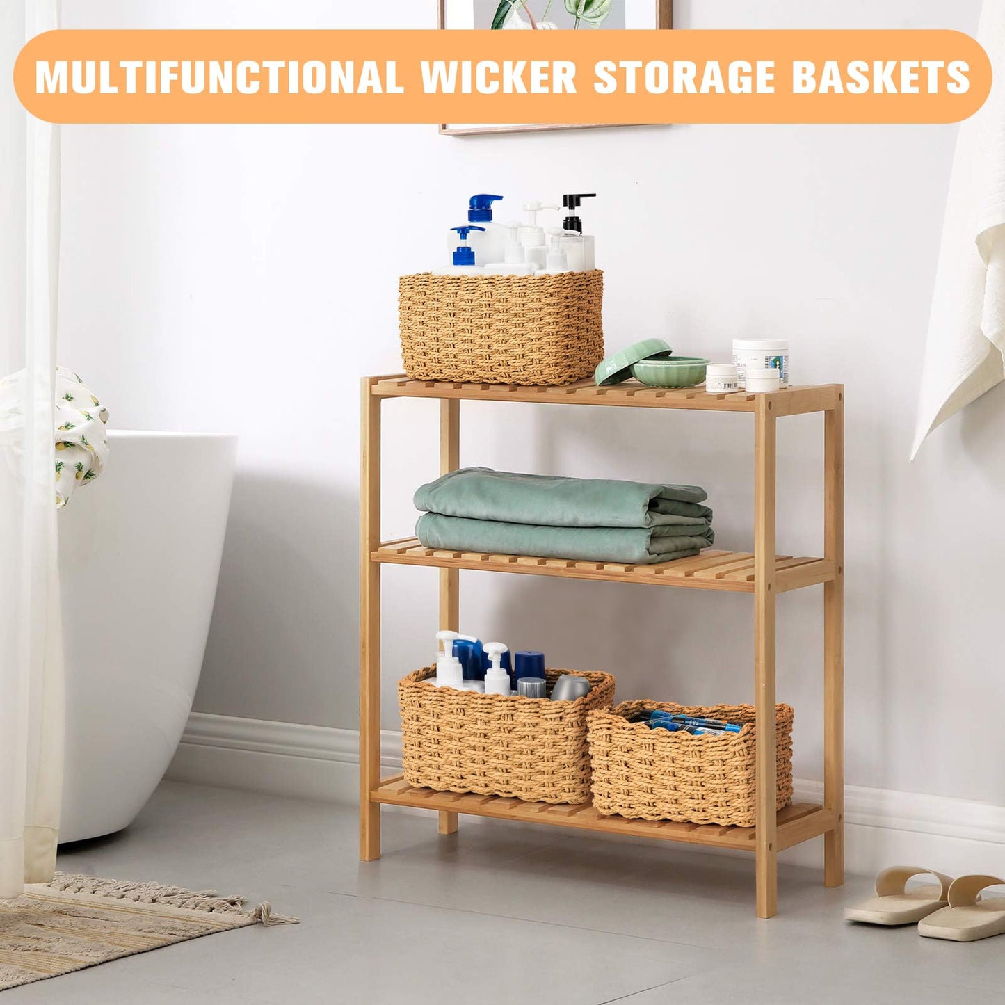Storage Baskets, Revivoer Set of 4 Wicker Basket for Shelves Closet Organizer, Wicker Hamper Empty for Gifts Toys Books
