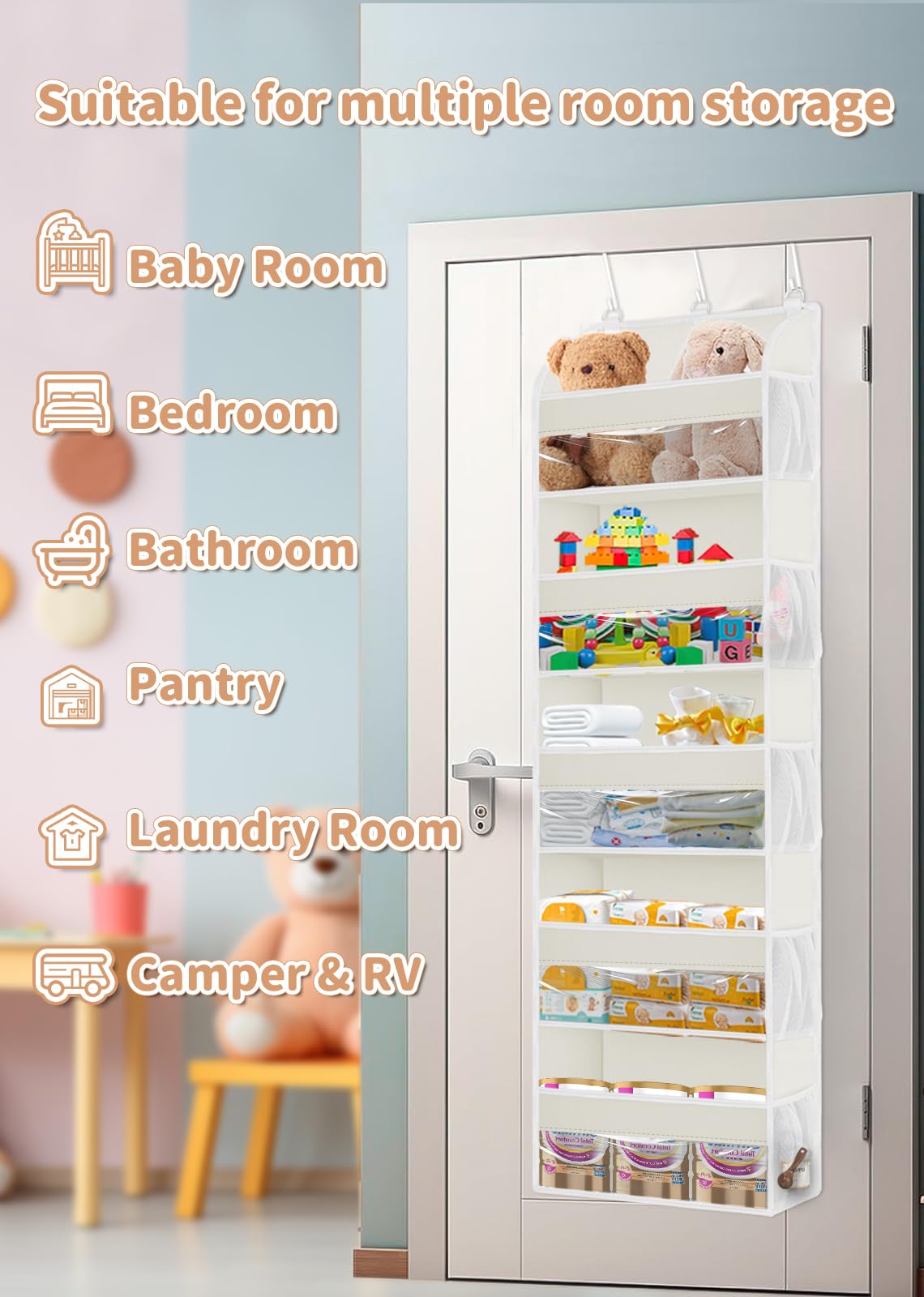 TAHAVICE Baby Over Door Storage with 5 Pockets, 2 Pack - Back of Door Storage for Bedroom, Bathroom, Nursery, Baby Essentials for Newborn (Beige)