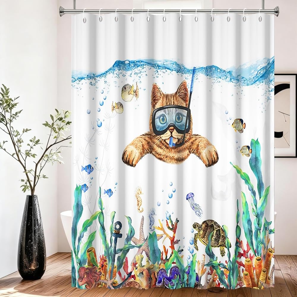 Xiaoterna Ocean Shower Curtain Bubble Marine Life Deep Sea Bathroom Curtain Cat Diving Shower Curtain Tropical Fish Turtle Shower Curtain Machine