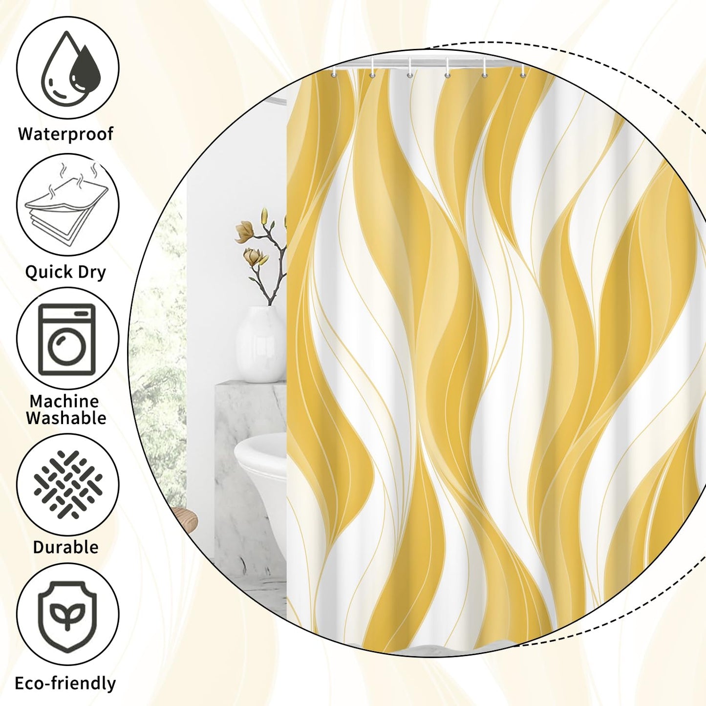 GCIREC Shower Curtain, 180x180cm, Modern Abstract Yellow White Ombre Striped Minimalist Art Waterproof Fabric Machine Washable Bathroom Curtain with