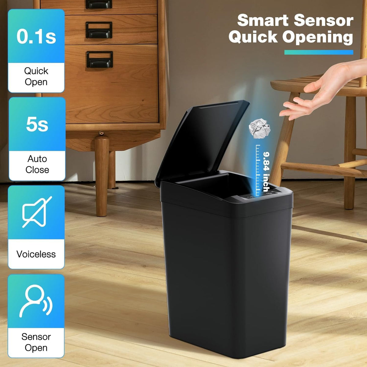 Black Bathroom Bin with Lid, 12L Touchless Sensor Bin, Smart Motion Garbage