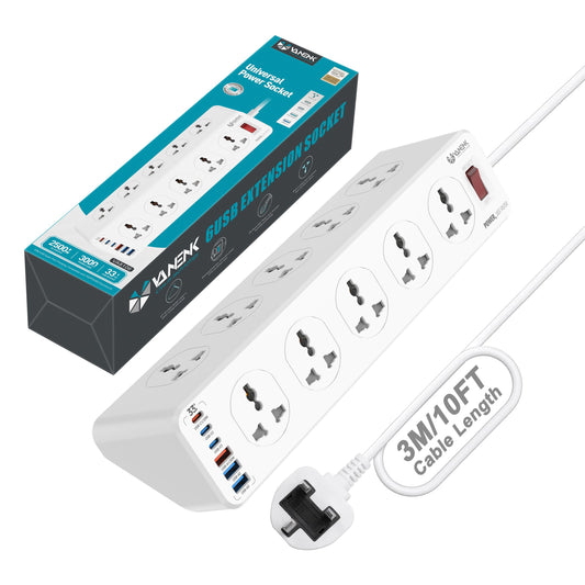 VANENIK Extension Lead with USB C Slot 3M - 10 Way Universal Power Strip with Surge Protector - 10 Gang Extension Socket with 6 USB MAX 33W Fast