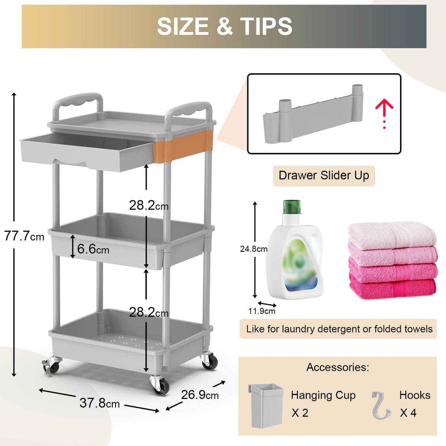 Yeabett 3 Tier Storage Trolley with Drawer, Utility Cart with Plastic Shelf & Lockable Wheels Multifunctional Storage Cart for Kitchen, Bathroom