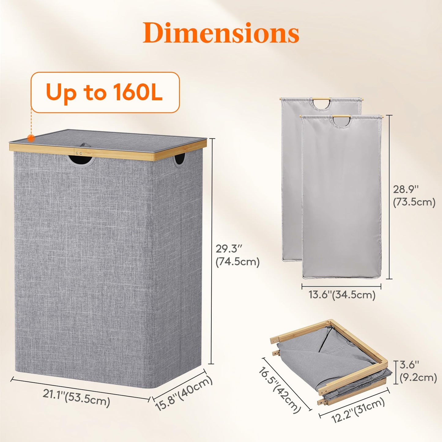 Lifewit 160L Bamboo Laundry Basket with Lid, Washing Basket Laundry Basket 2 Compartments Laundry Hamper Dirty Clothes Basket Bin whit 2 Removable