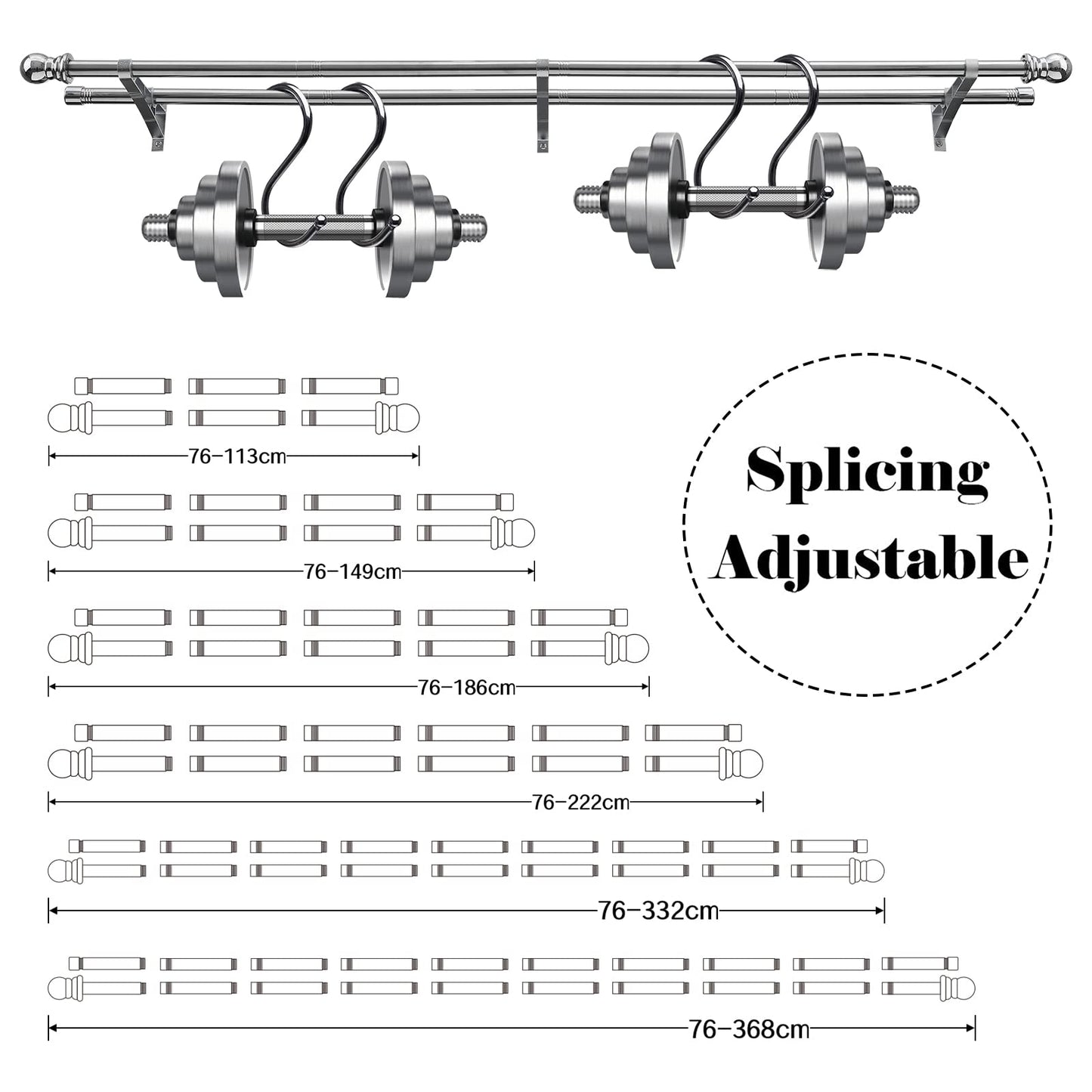 Harrms Double Curtain Pole, Curtain Poles for Eyelet Curtains, Silver Curtain Pole 76-368cm, Extendable Metal Curtain Rod Stainless Steel Room