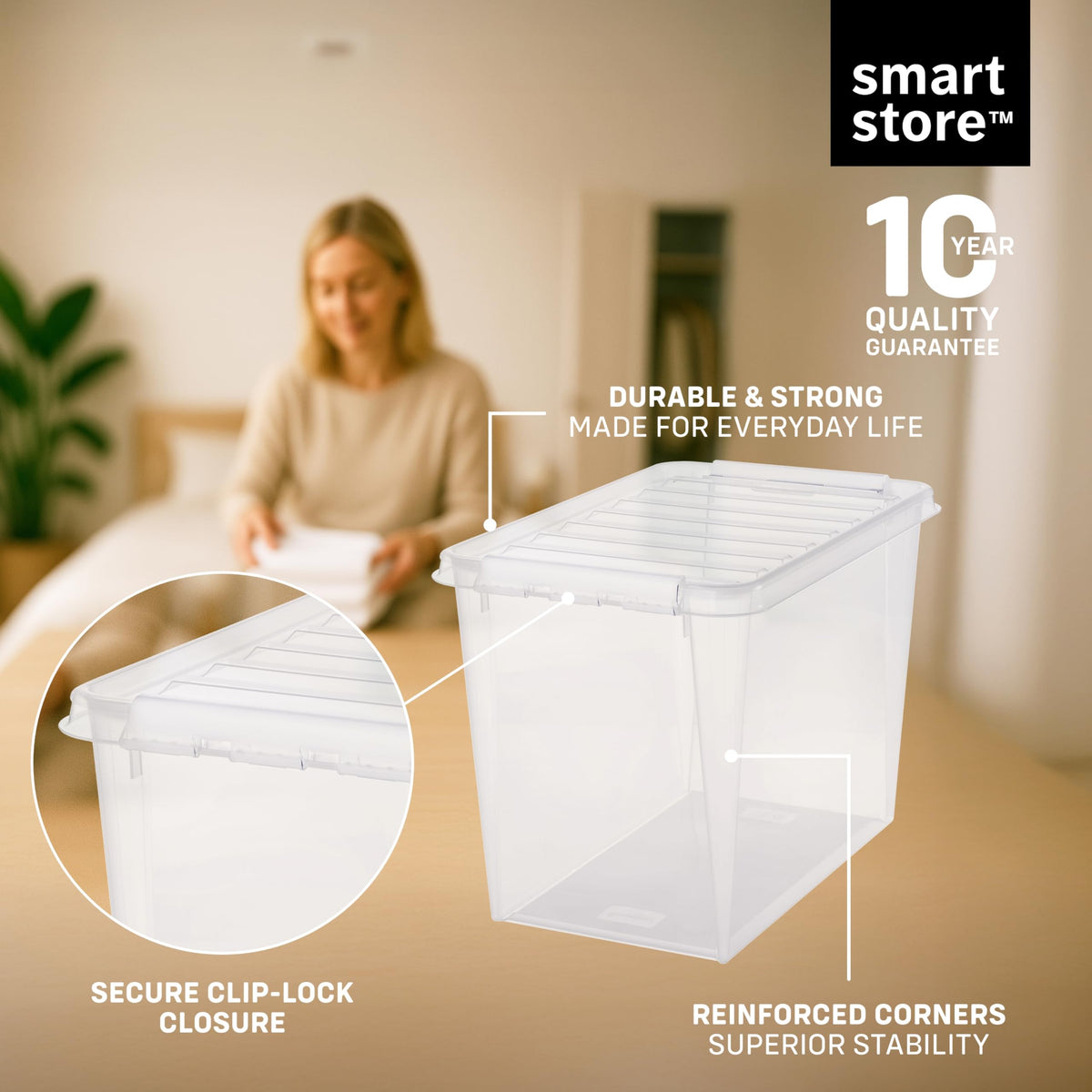 SmartStore - 3x Plastic Storage Box with Lid Classic 66L 59x39x43cm |Plastic Storage Drawers with Lid|Food-Safe Material|Kitchen &