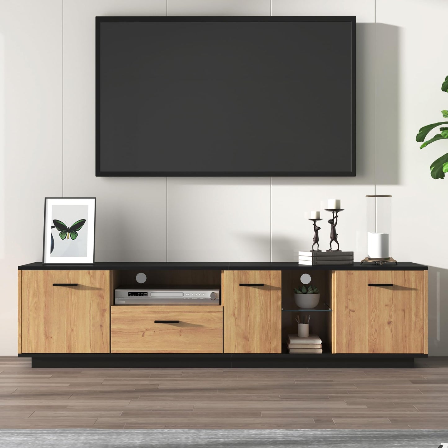 Ball & Cast TV cabinet with one drawer, three doors, two open glass compartments. TV unit