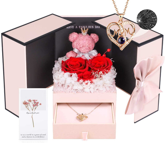 ADDWel Gifts for Mum from Daughter and Son, Mother Birthday Gift Idea from Kids, Unique Preserved Real Roses with I Love You Mum Necklace, Cool