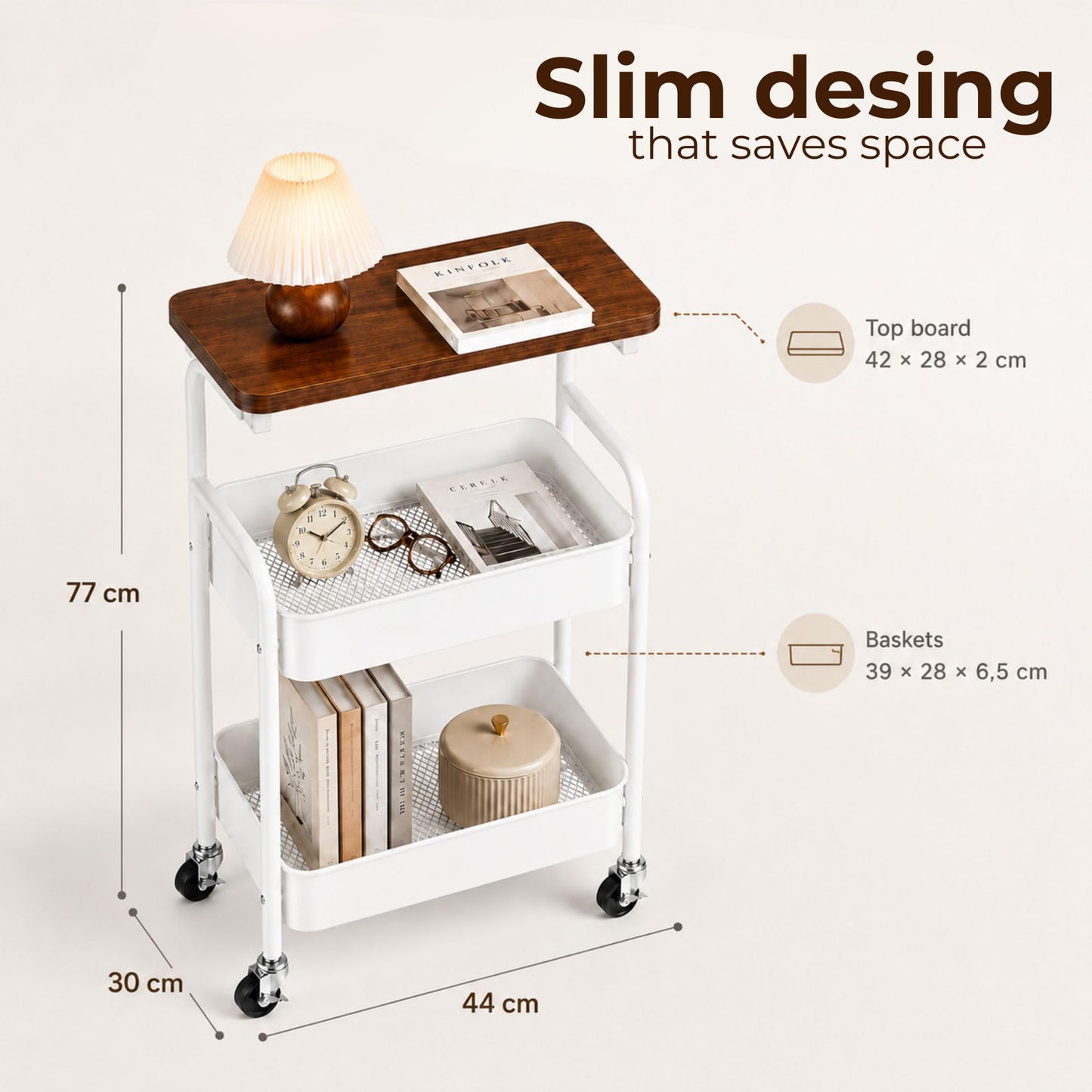 MAGIC SELECT Storage Trolley on Wheels 3 Tier. Rolling Storage Cart with Wooden Top. Metal Storage Trolley Organiser for Kitchen, Bathroom