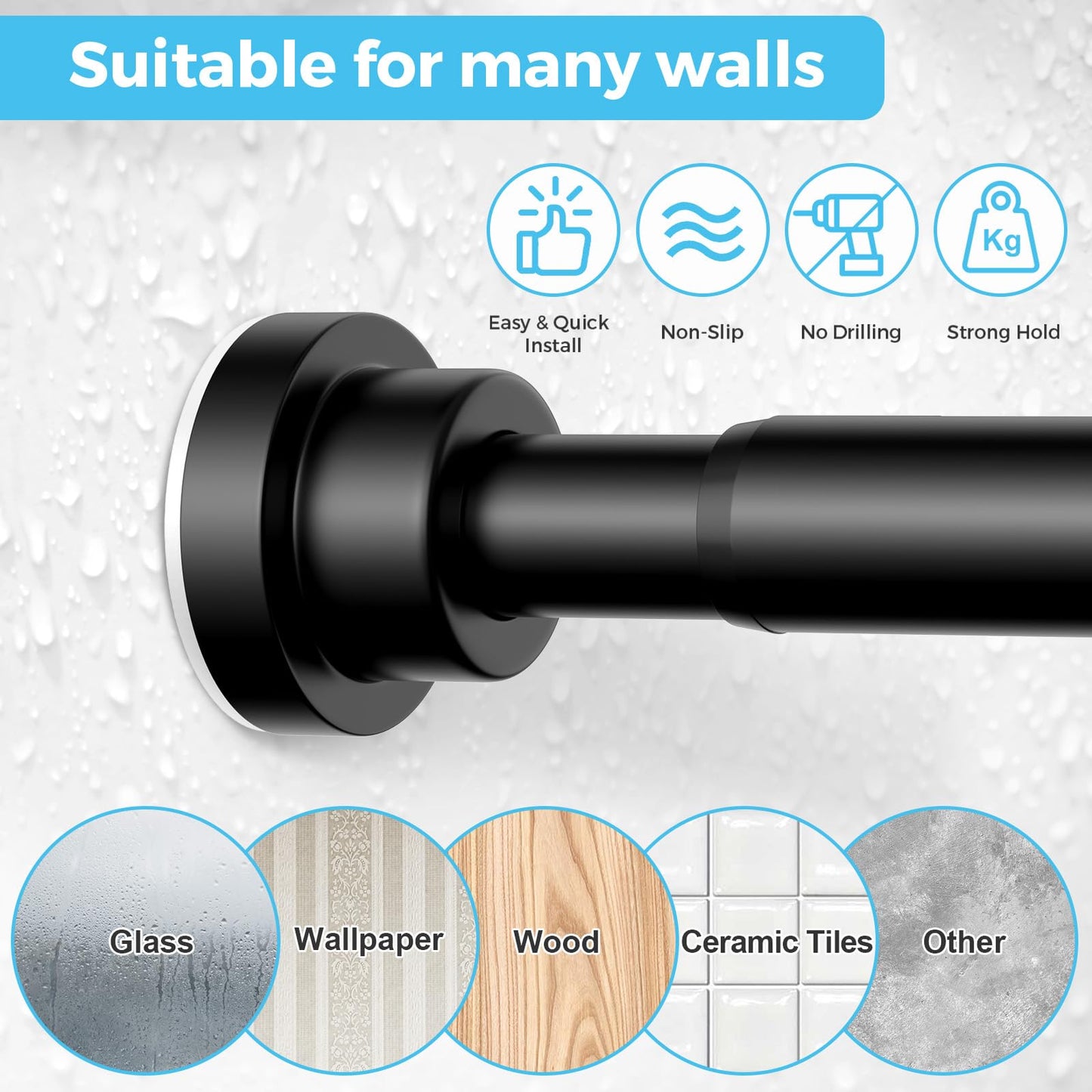 2PCS WEIXINHAI Shower Curtain Pole,Extendable Curtain Poles 79-195 Cm,Shower Poles Extendable No Drill,Shower Curtain Rail Non-Slip,Black Shower Pole