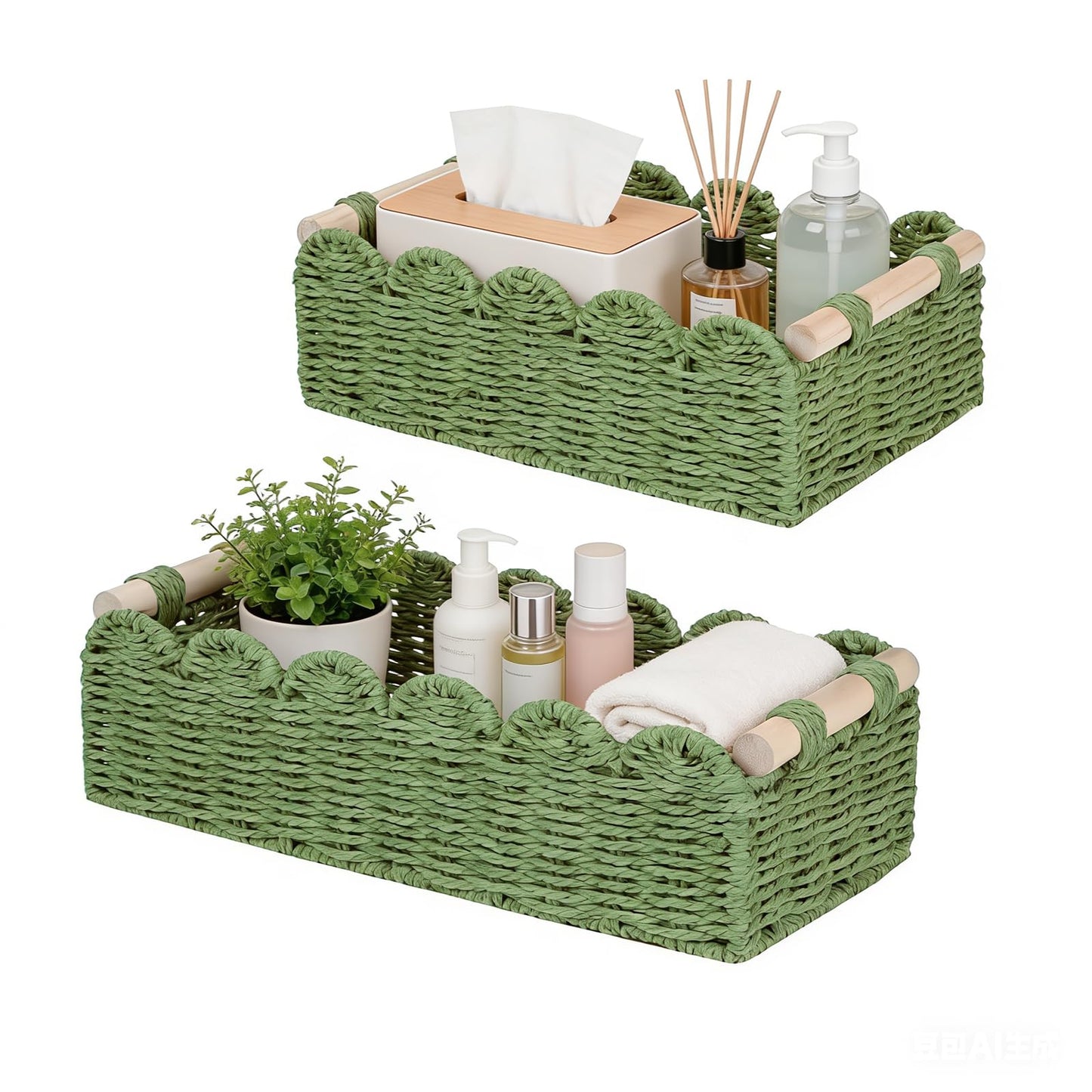 2Pcs Wicker Storage Baskets, Handwoven Organiser Boxes with Wooden Handles, Versatile Woven Bins for Bathroom, Kitchen, Pantry