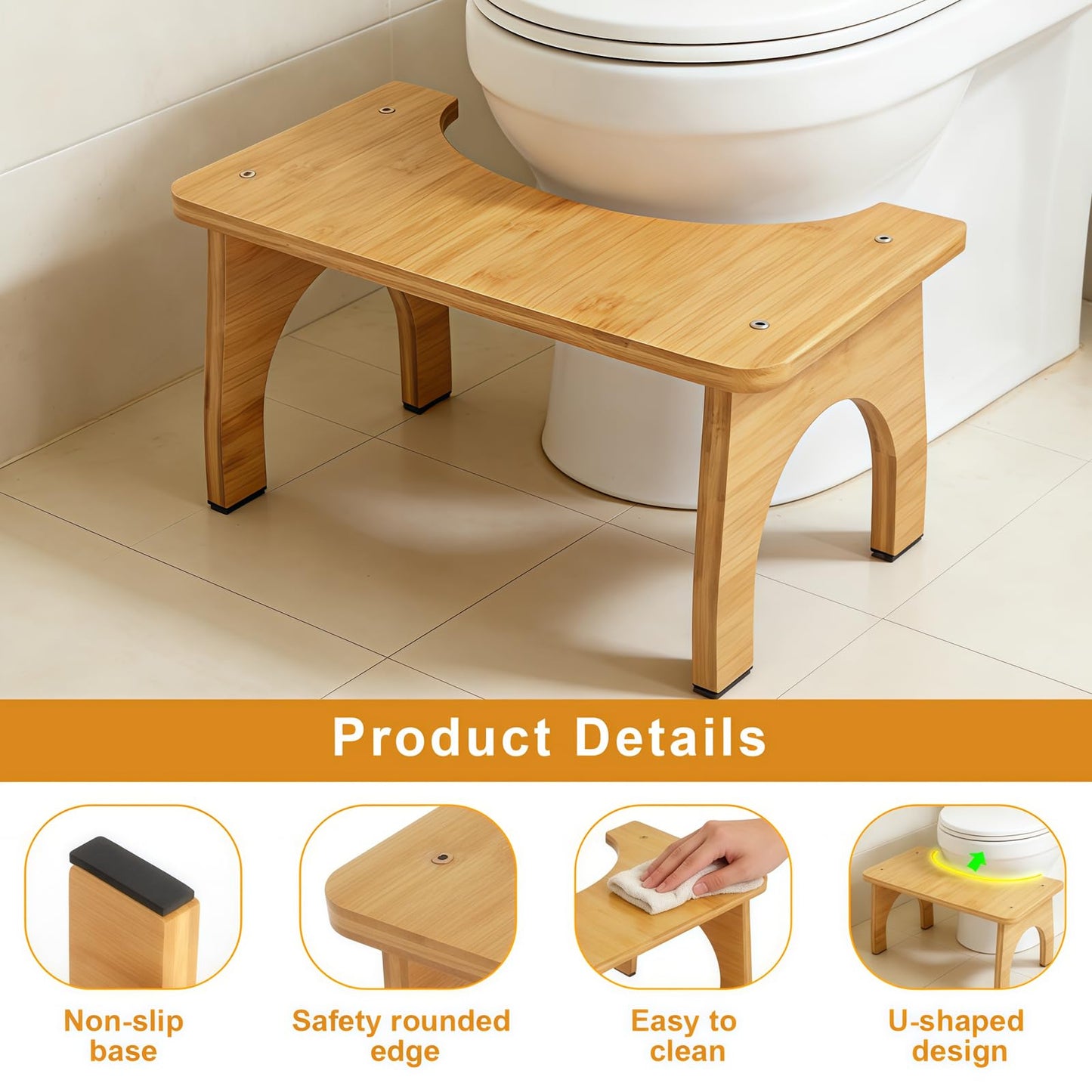 KQDRAVINE Bamboo Squatting Potty for Adult Toilet Stool, 6.5 Inch Non-Slip Toilet Poo Stool Adult, Kids Aid and Seniors, Original Simple Design