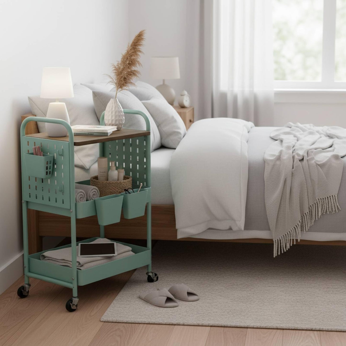 danpinera 3 Tier Rolling Cart, Metal Utility Cart with Wooden Table Top & DIY Pegboard, Rolling Carts