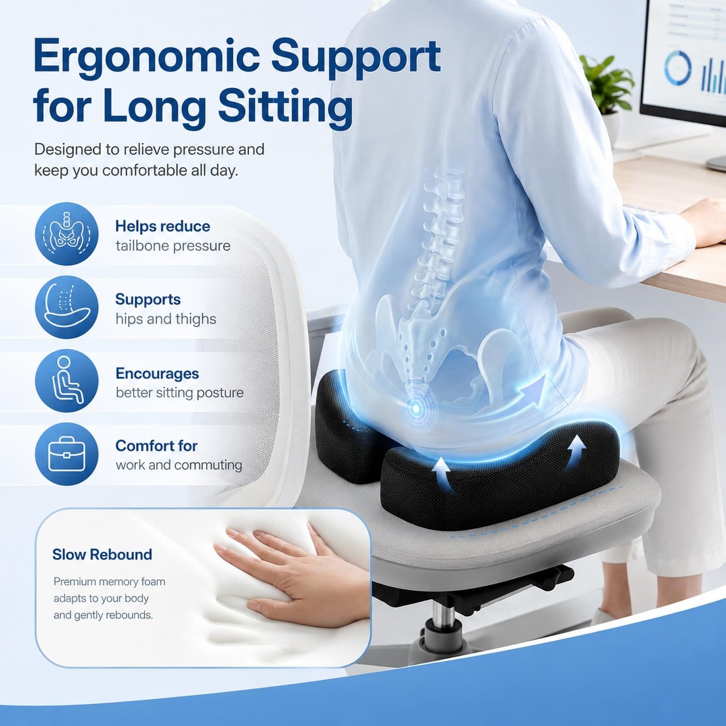 GOOGO Extra Large Coccyx Cushion, Ergonomic Memory Foam Seat Cushion for Tailbone Pain Relief, with Contoured Support
