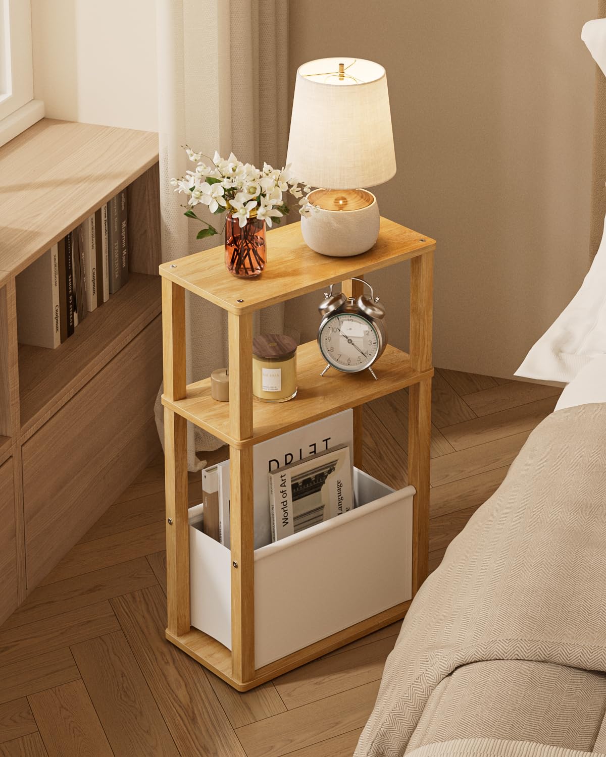Apetaccat Narrow Side Table for Small Spaces, Slim End Table with Storage Basket, Small Bedside Table for Bedroom