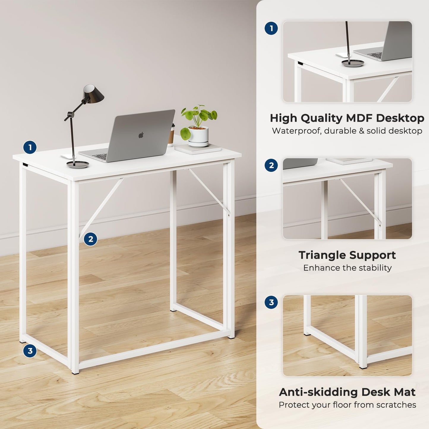 Dripex Folding Desk Foldable Small Computer Desk Writing Table for Small Place Easy Assembly, White