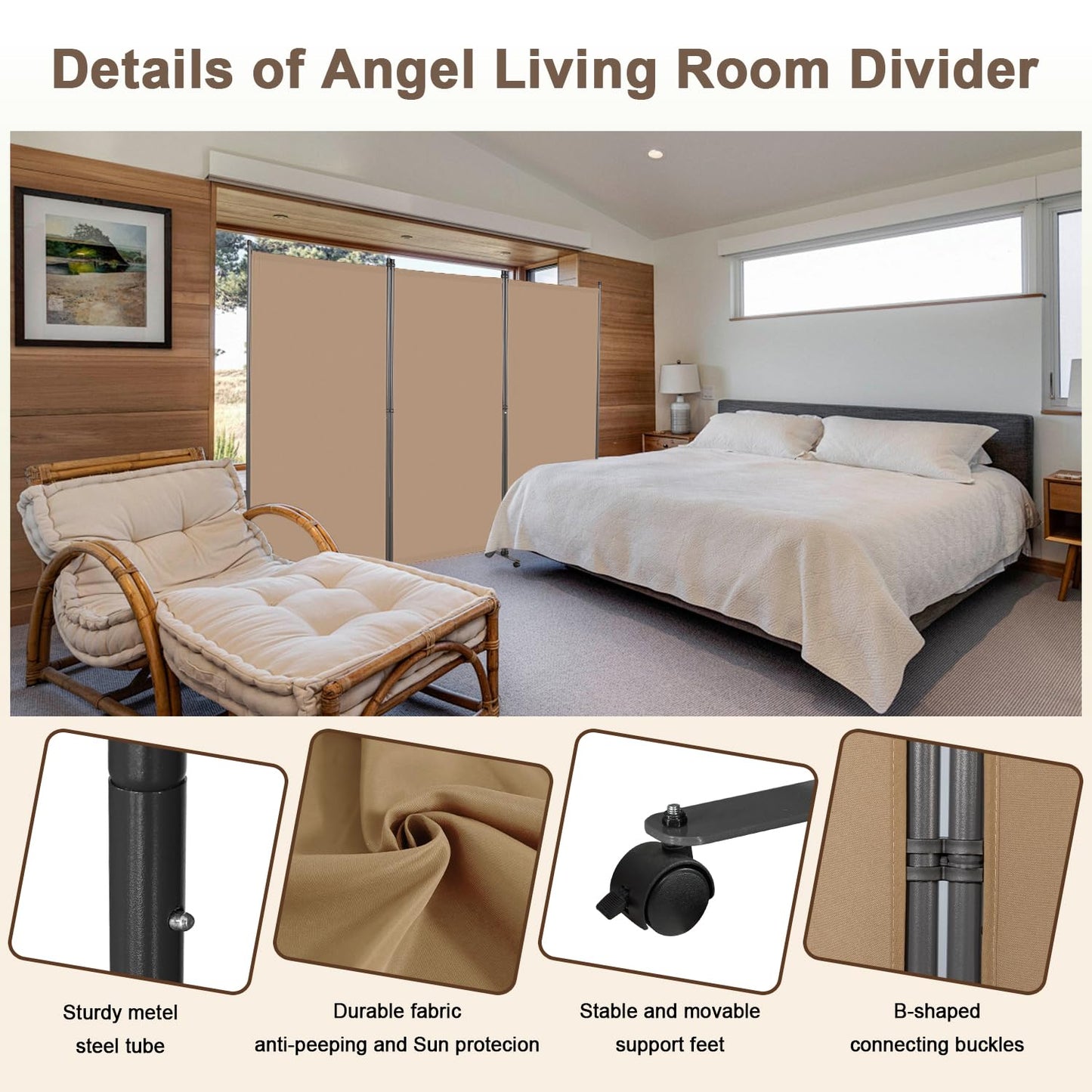 Angel Living 3 Panels Folding Room Divider, Privacy Screen Composed of Polyester Fabric and Sturdy Iron Frame