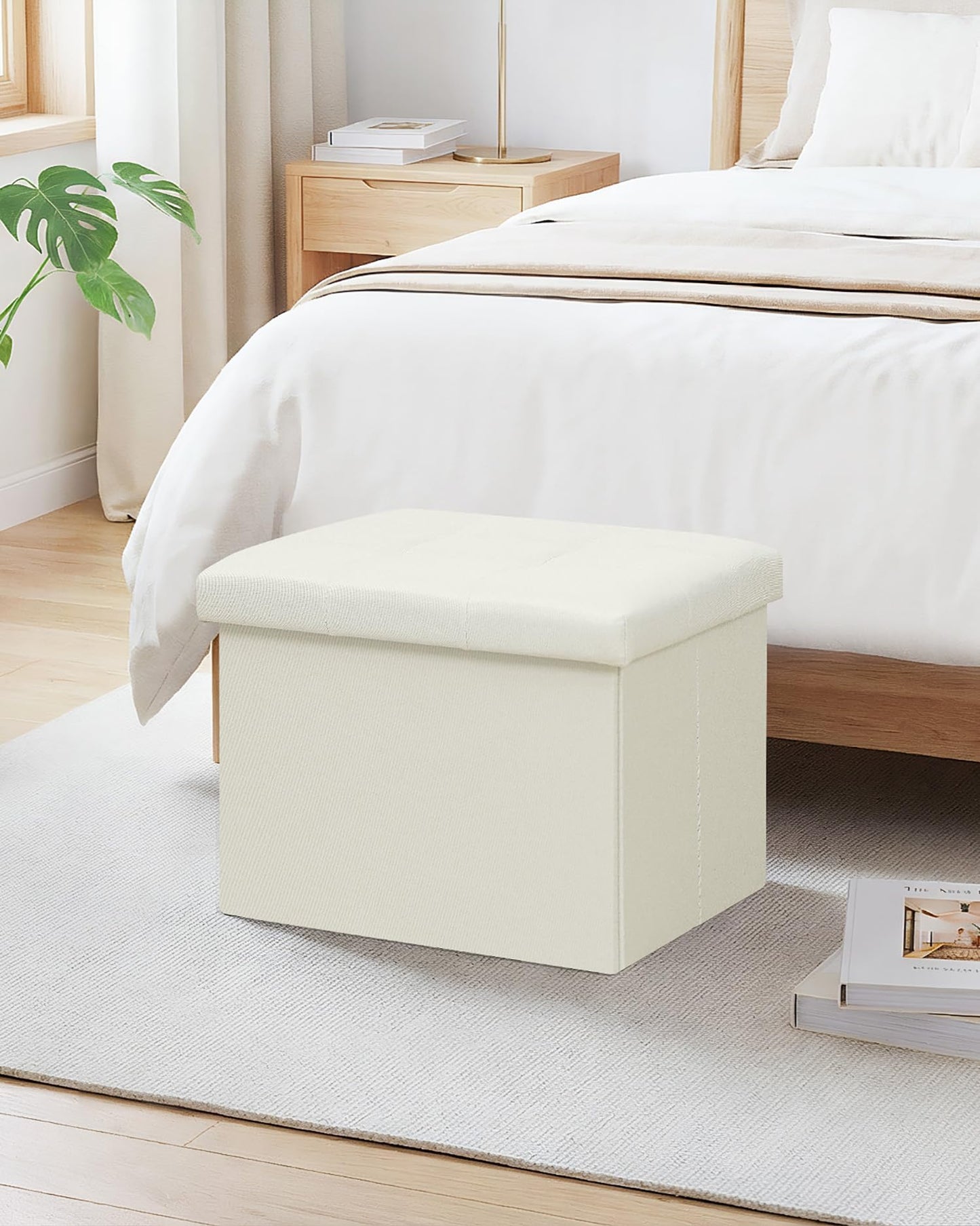 Bonlife Storage Ottoman, Folding Small Foot Rest,Toy Chest Storage Footrest Seat, Footstool for Living Room, Bedroom, Dorm, Fabric,Cream,42x32x32cm