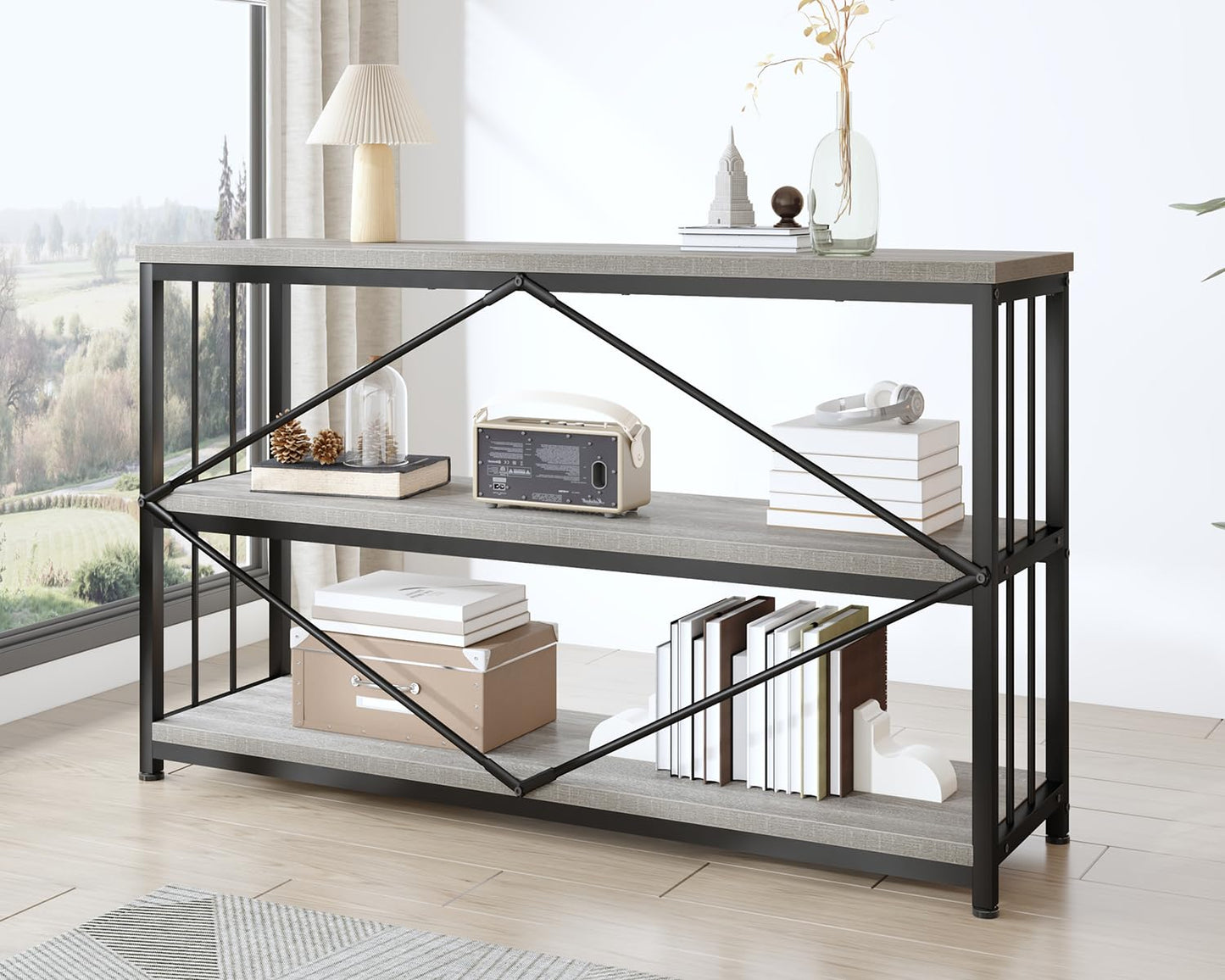 IBF 47" Gray 3 Tier Low Bookcase,Industrial Modern Short Horizontal Etagere Bookshelf