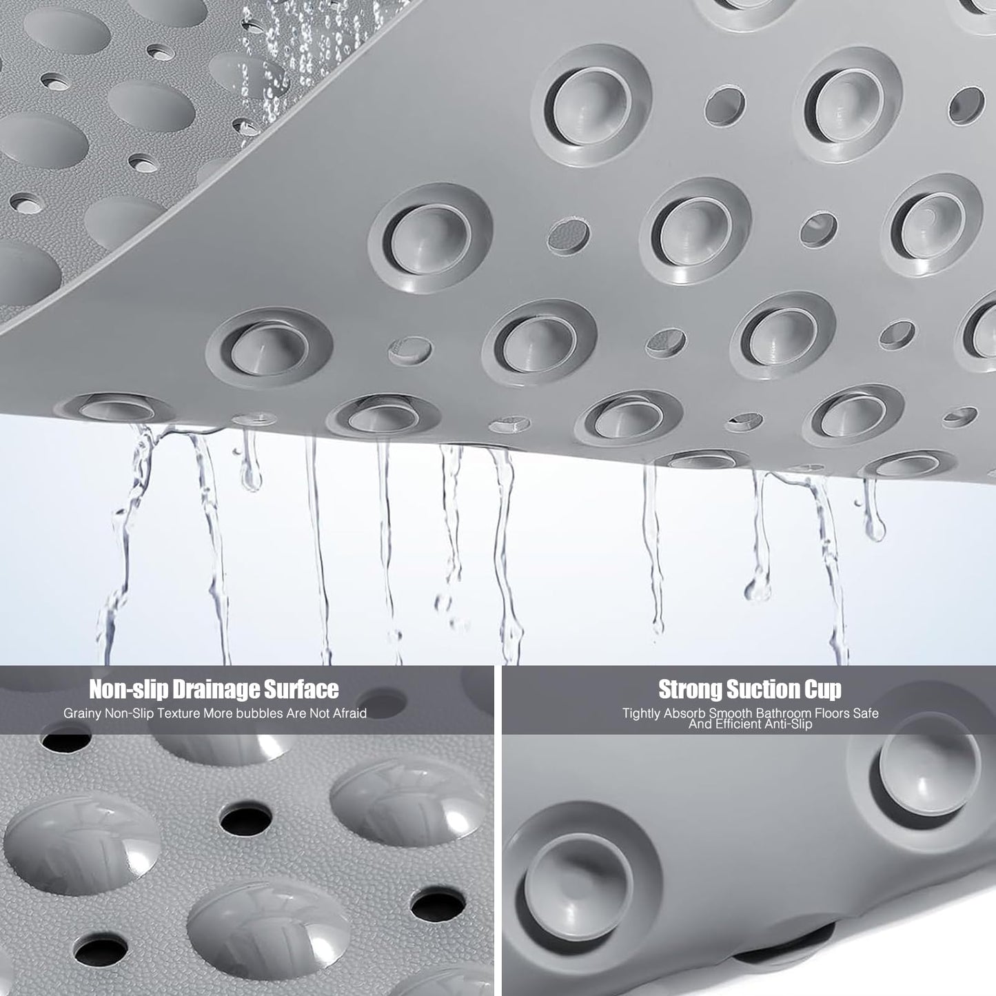 Non Slip Extra Large Shower Mat, 60 x 90 cm Anti Mould Long Bath Mat TPE Shower Mats for Inside with Drain Holes and Suction Cups (Gray)