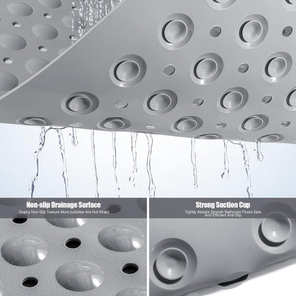 Non Slip Extra Large Shower Mat, 60 x 90 cm Anti Mould Long Bath Mat TPE Shower Mats for Inside with Drain Holes and Suction Cups Gray