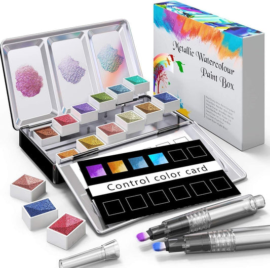 RATEL Metallic Watercolour Paint Set, Premium Glitter Watercolour Solid Paint Box Including 12 Metallic Colors Solid Pigment+2 Painting Brush+1 Color