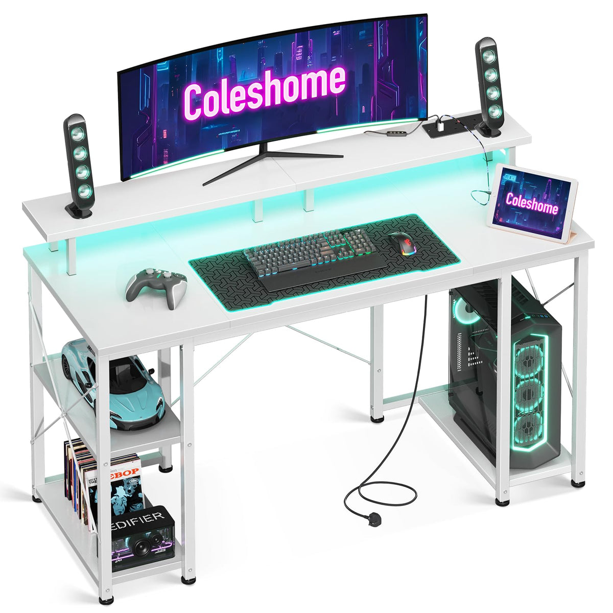 Coleshome Gaming Desk with LED Lights, 120x50 cm, Carbon Fiber White
