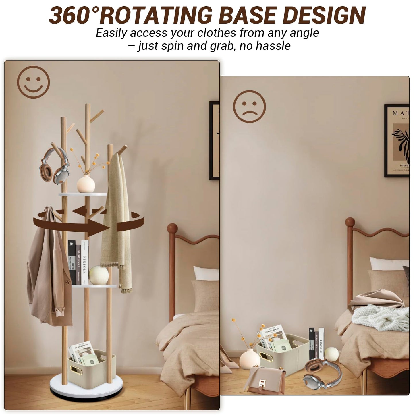 SUNDOY 165CM Rotating Wooden Coat Rack Freestanding with 3 Shelves & 9 Hooks, Hall Tree Stand for Entryway, Bedroom, Hallway & Living Room
