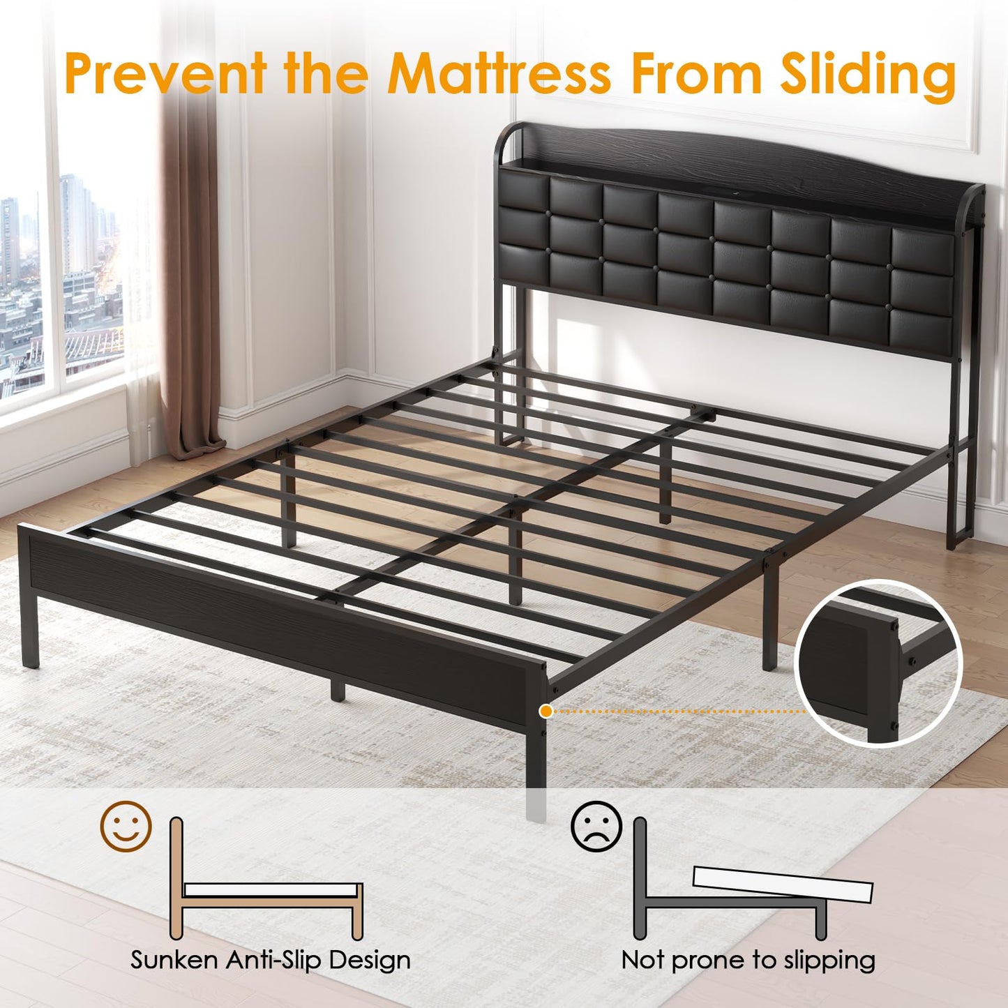 WOWTRELAX Double Bed Frame with Charging Headboard Storage Shelf 135x190cm