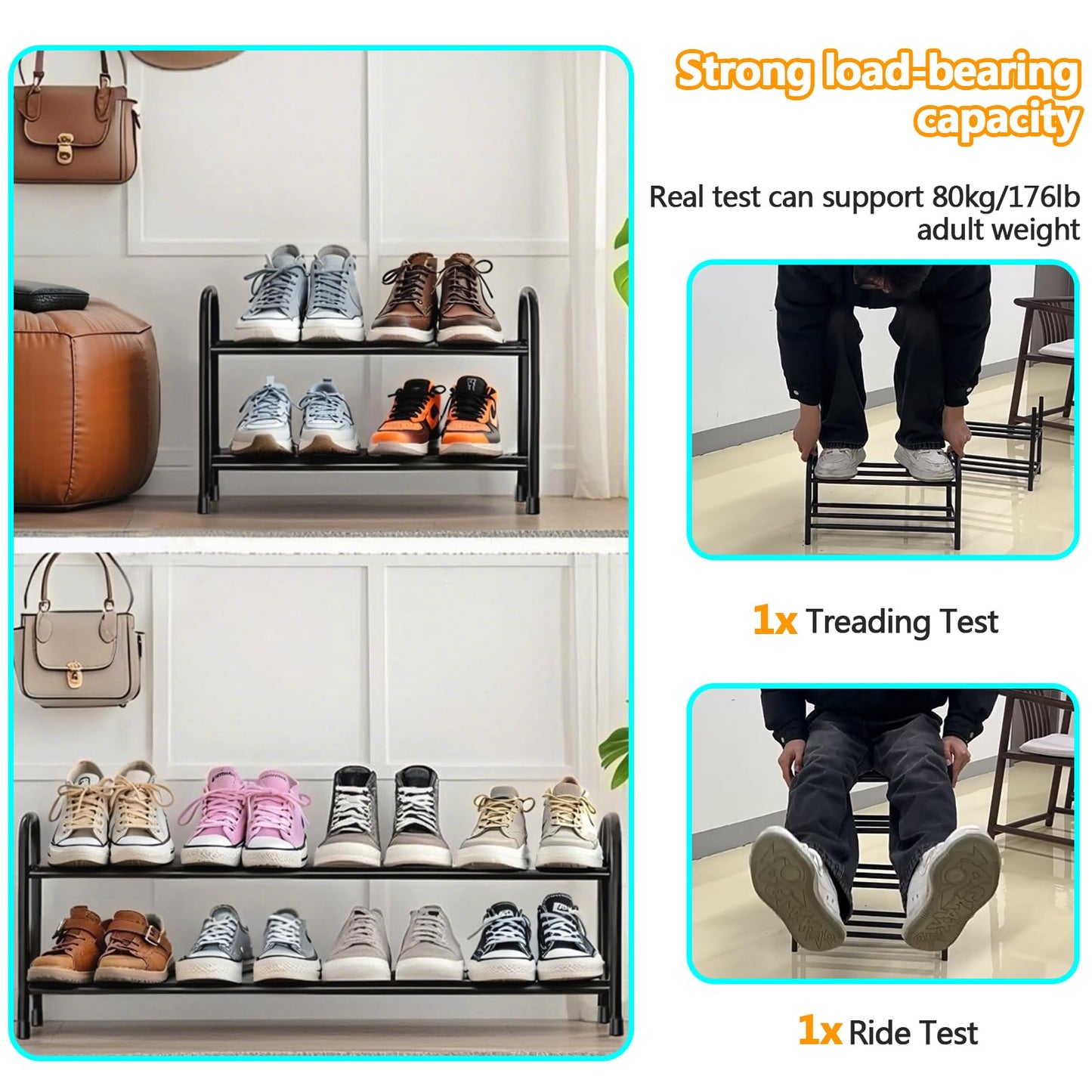 Expandable Shoe Rack, 2 Levels, Adjustable Metal Shoe Storage, 45 to 80 cm, Space Saving for Small Space, Hallway